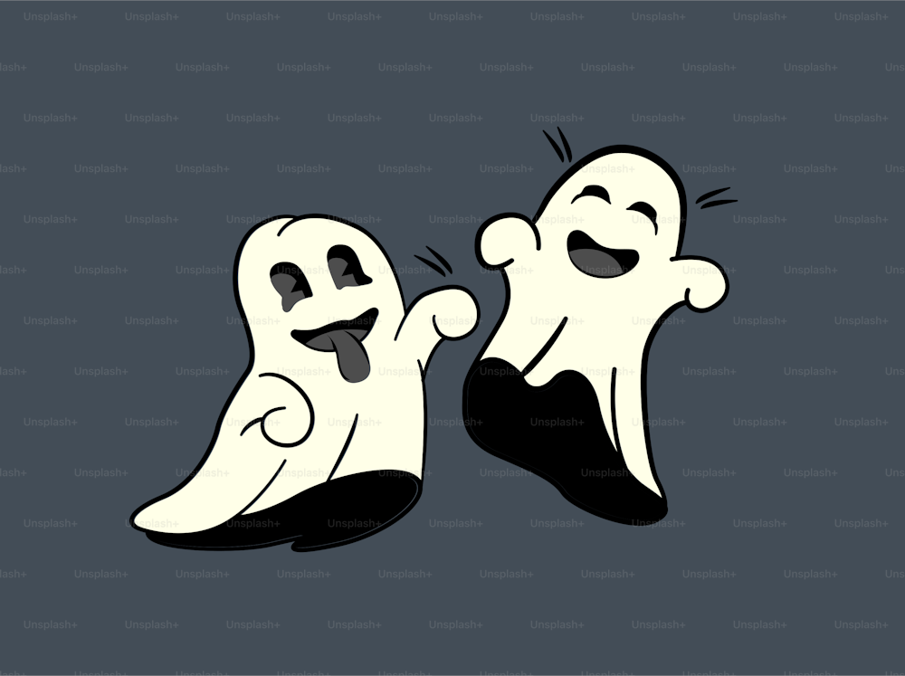 Two playful ghosts having fun and laughing. Halloween vector illustration.