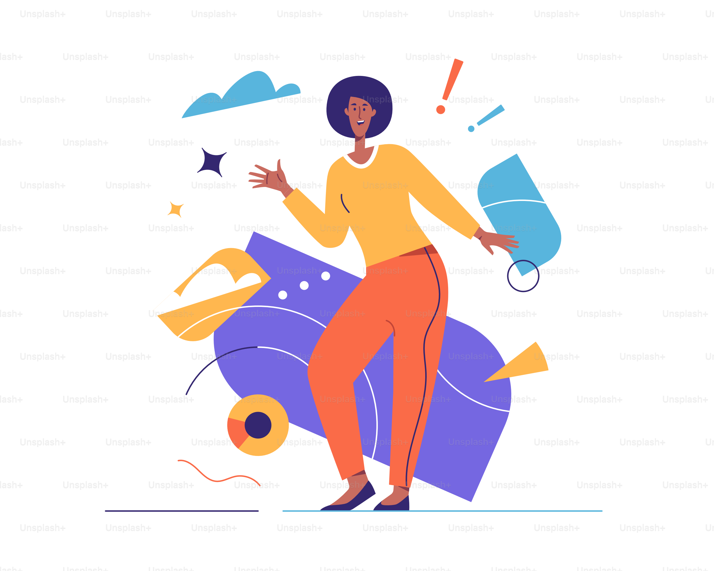 Ilustração vetorial de uma jovem alegre e risonha expressa emoções. Traço editável, amostras globais.