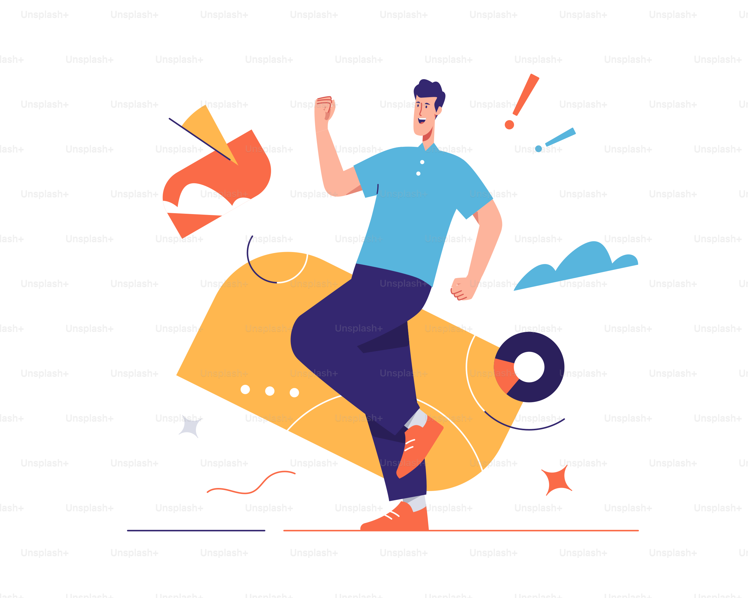 Vector illustration of happy young man expresses emotions. Editable stroke, global swatches.