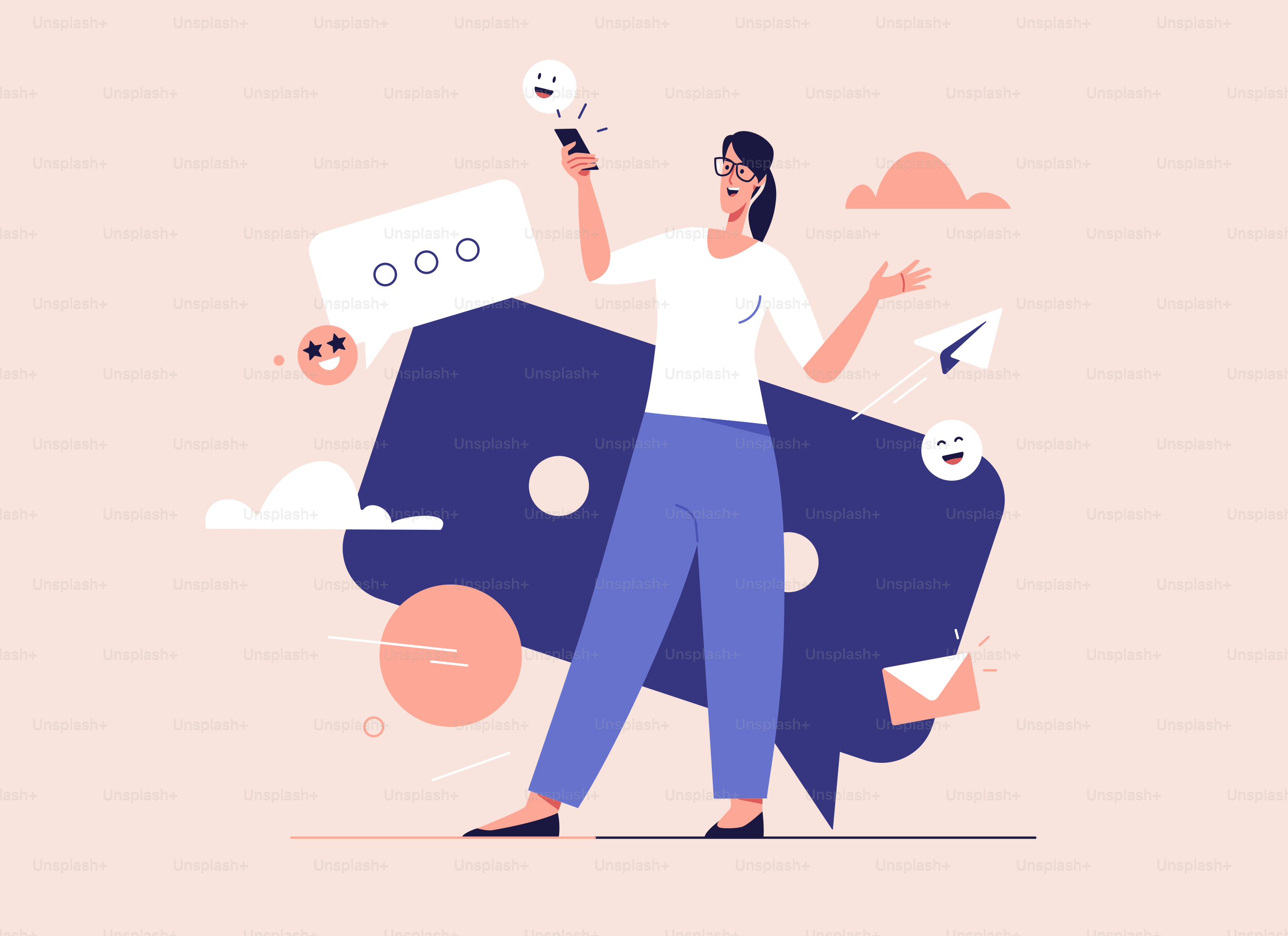 Vector illustration of laughing cheerful young woman with smartphone. Editable stroke.