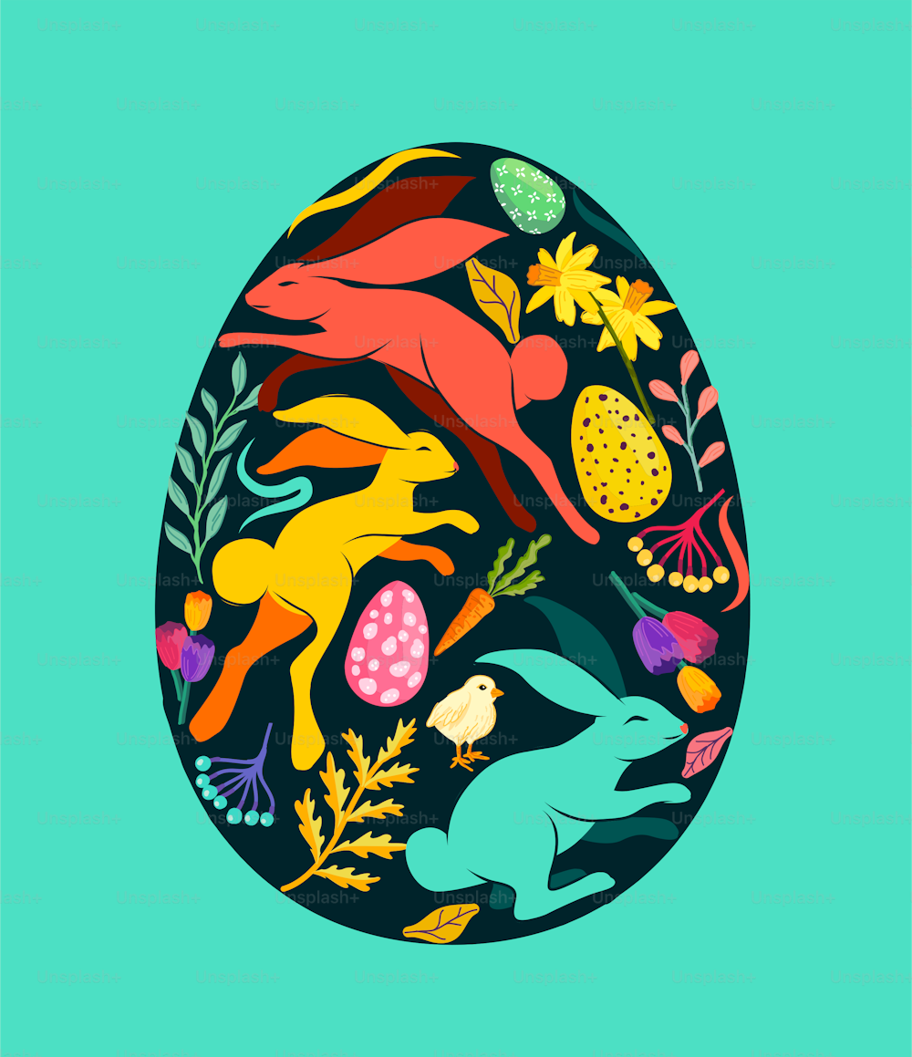 Un huevo de Pascua decorado con conejos, plantas florales y huevos de colores. Ilustración vectorial