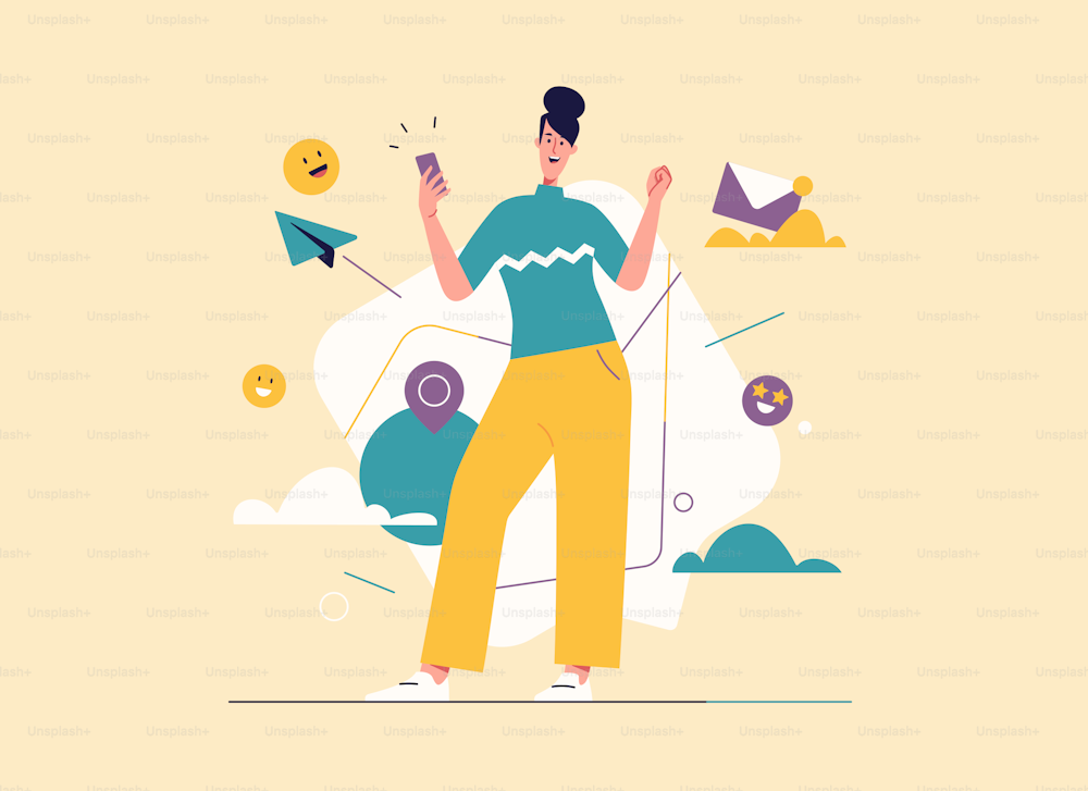Vector illustration of laughing cheerful young woman with smartphone. Editable stroke.