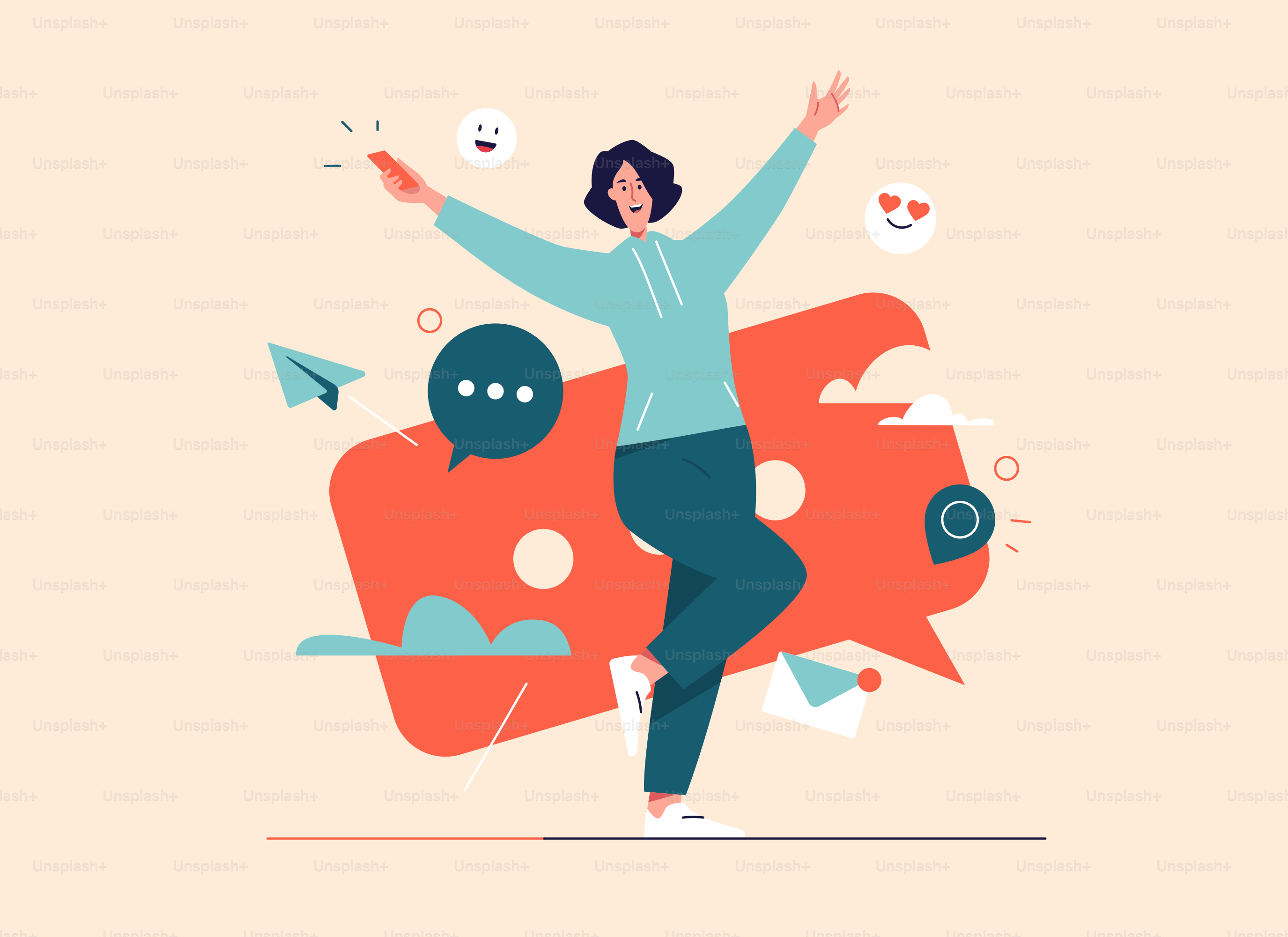 Ilustración vectorial de una joven alegre y riendo con smartphone. Trazo editable.