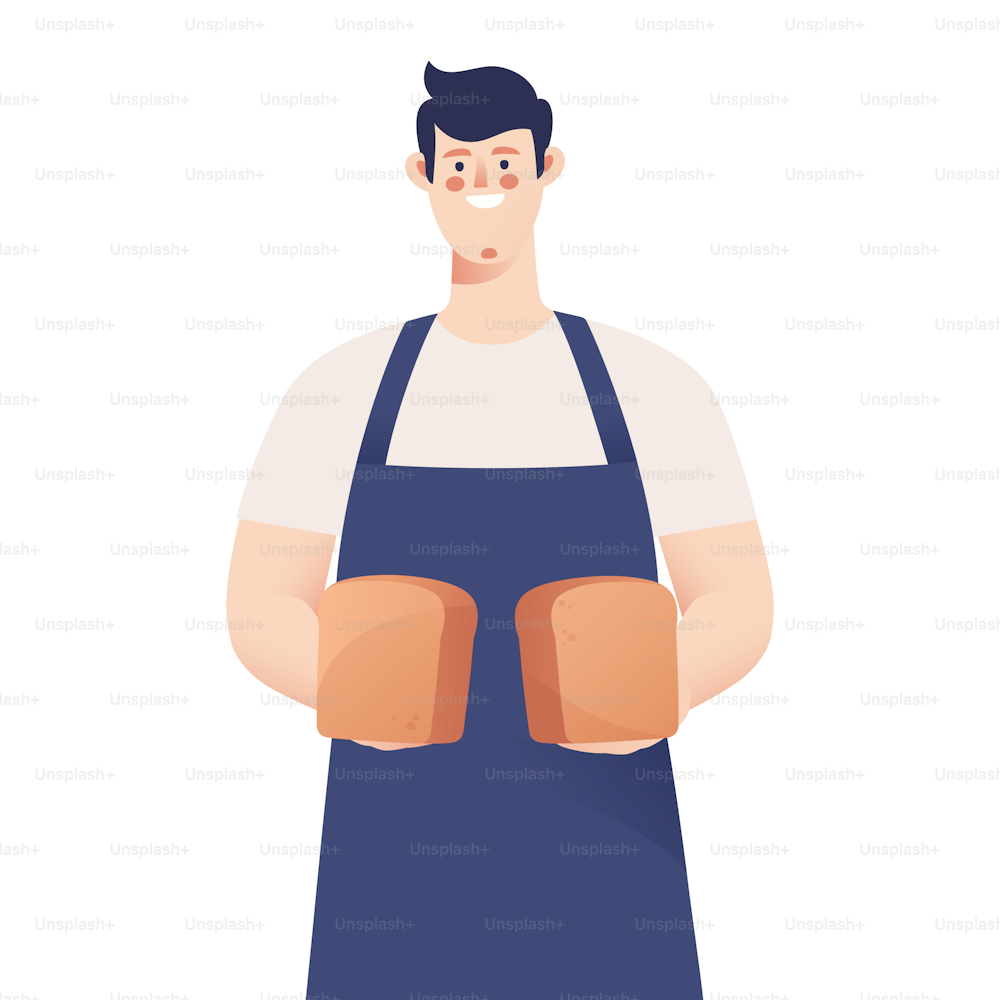 Retrato de un panadero sosteniendo hogazas de pan. Ilustración vectorial.