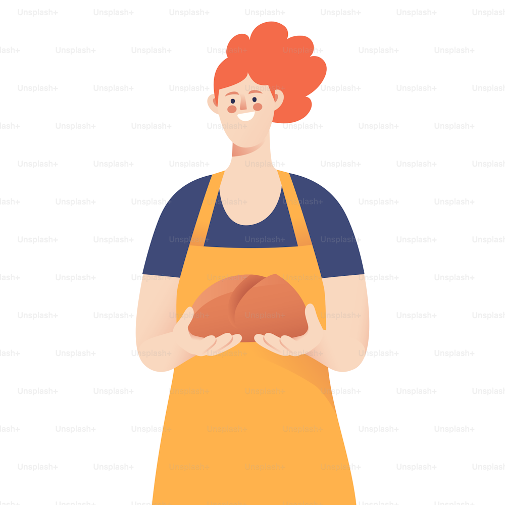 Portrait of a female baker holding bread. Vector illustration.