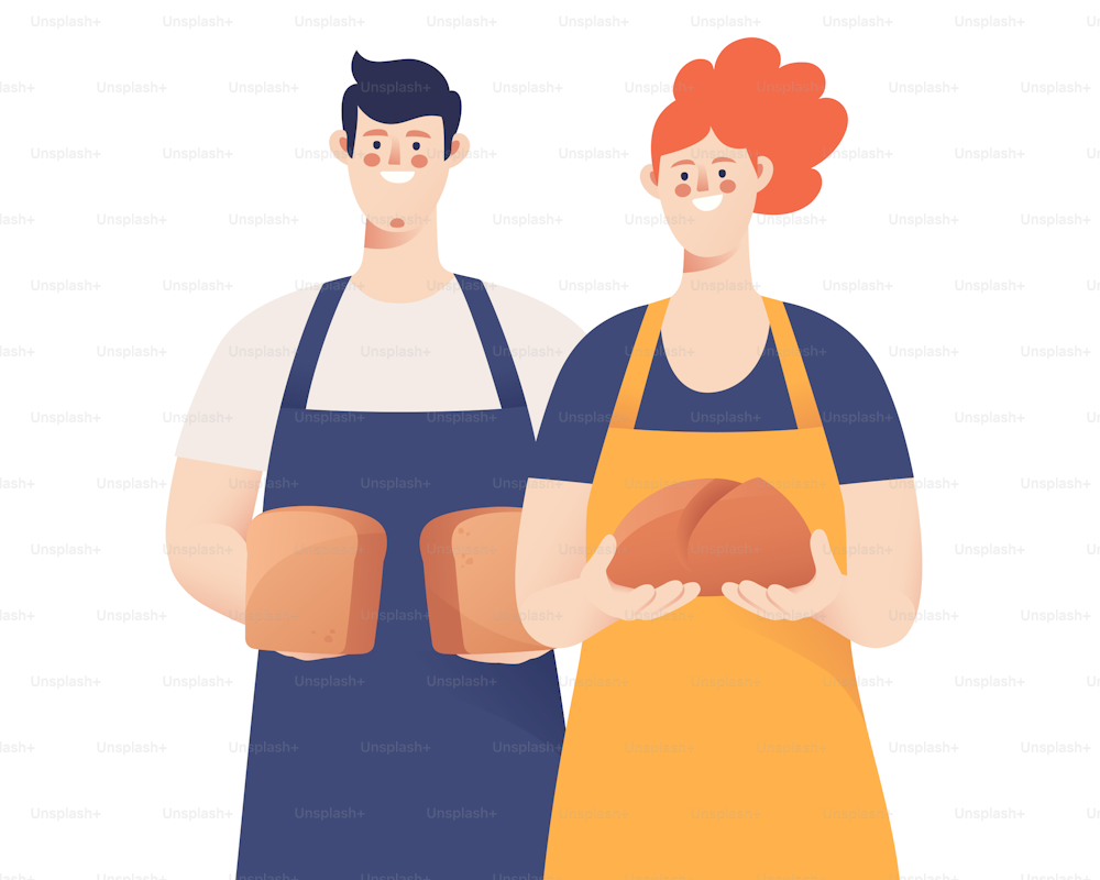Portrait of a male and female bakers holding bread. Vector illustration.