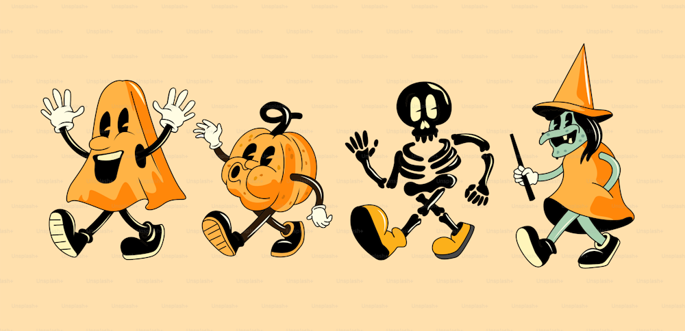 A collection of vintage style halloween characters including a ghost, pumpkin and witch. Vector illustration