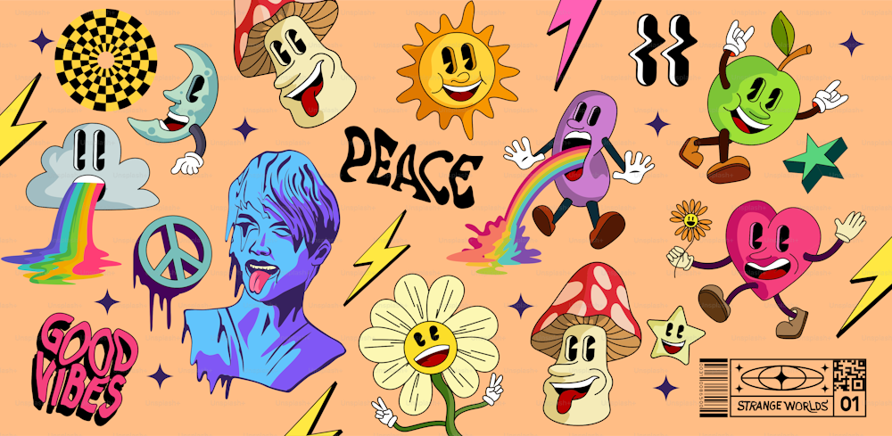 Psychedelic Acid cartoon characters and elements collection. Vector illustration