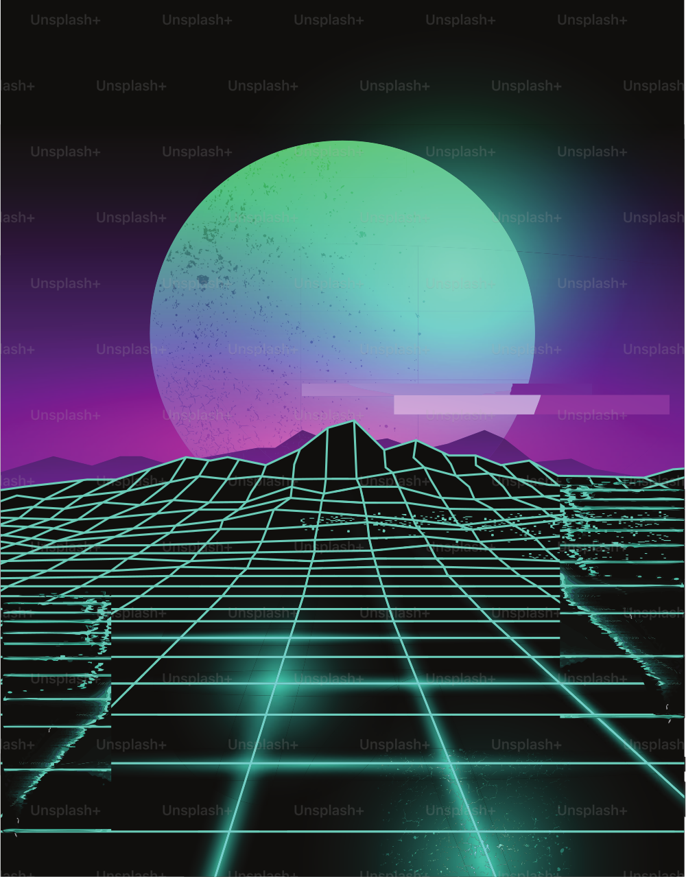 Futuristic neon grid lines and mountain landscape with a neon sun in purple and green. Glitch background vector illustration.