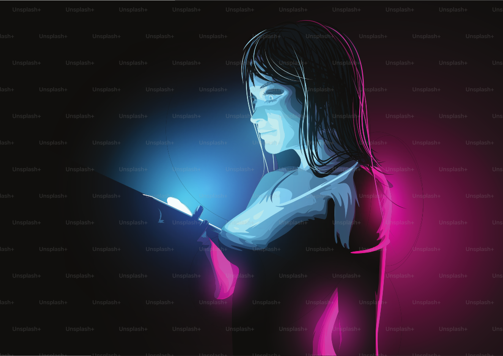 A smiling casual young women checking a message on her phone at night. Vector illustration