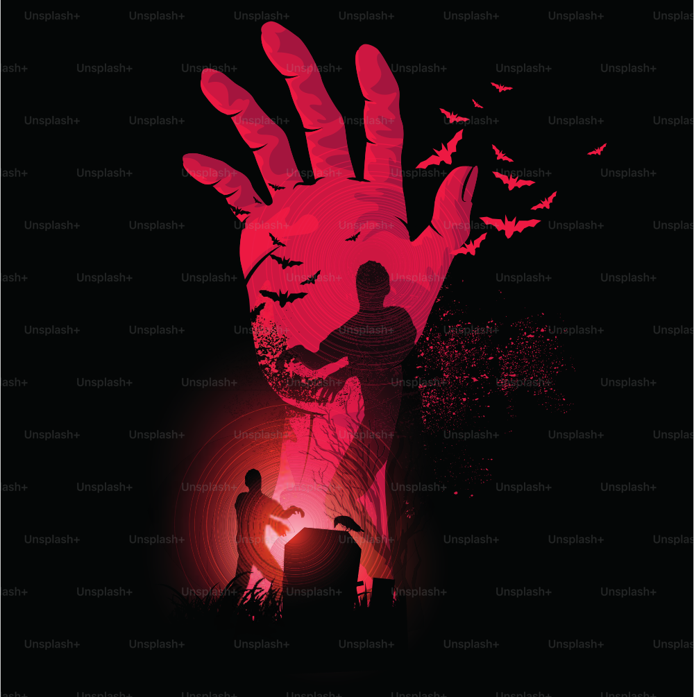 Zombie Night. A zombie hand rising up with zombies walking. Halloween Vector illustration.