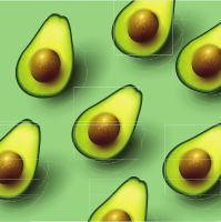 Hintergrund für gesunde Snacks mit geschnittener Avocado. Vektorillustration.