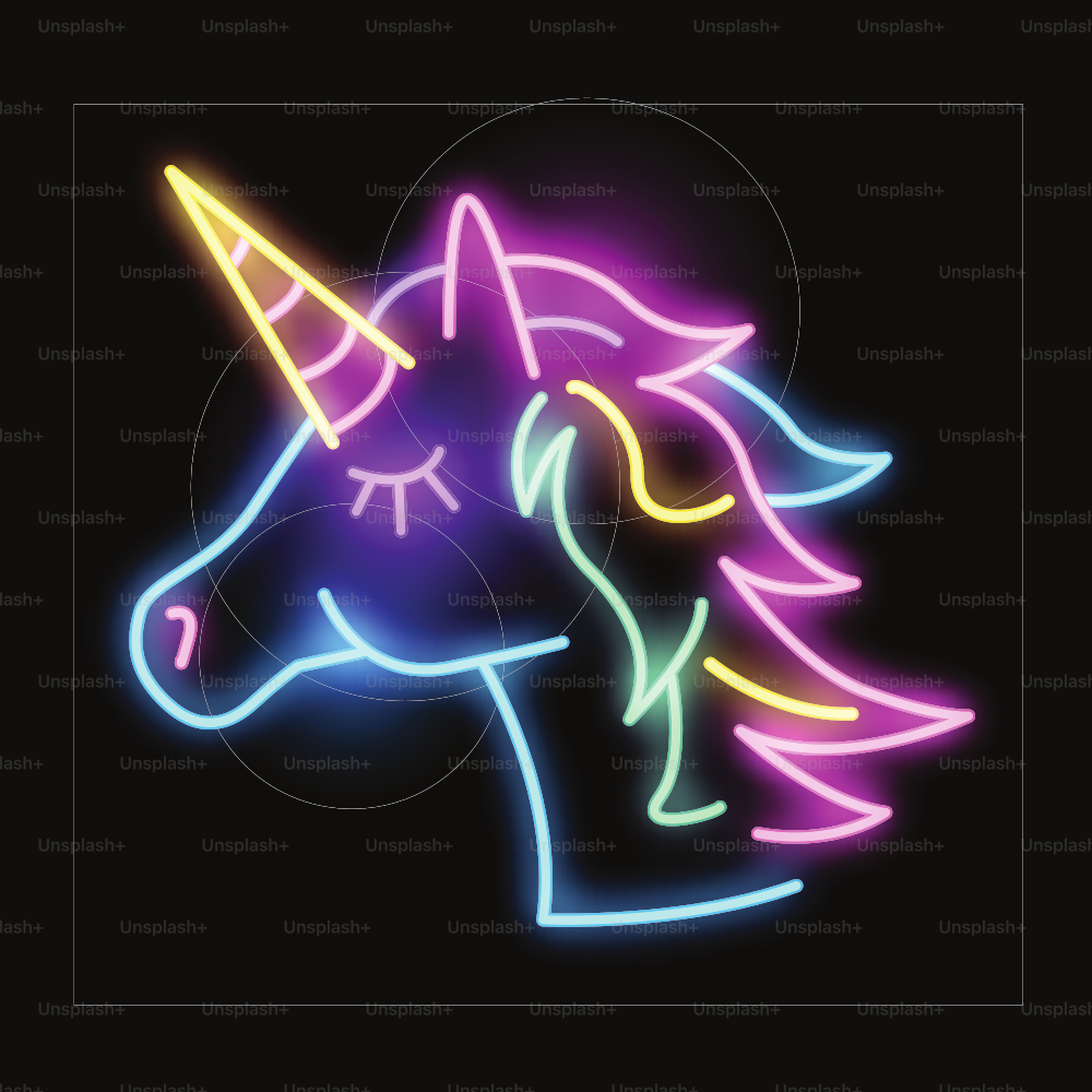 Simpatico segno luminoso di unicorno al neon incandescente. Illustrazione vettoriale a strati.