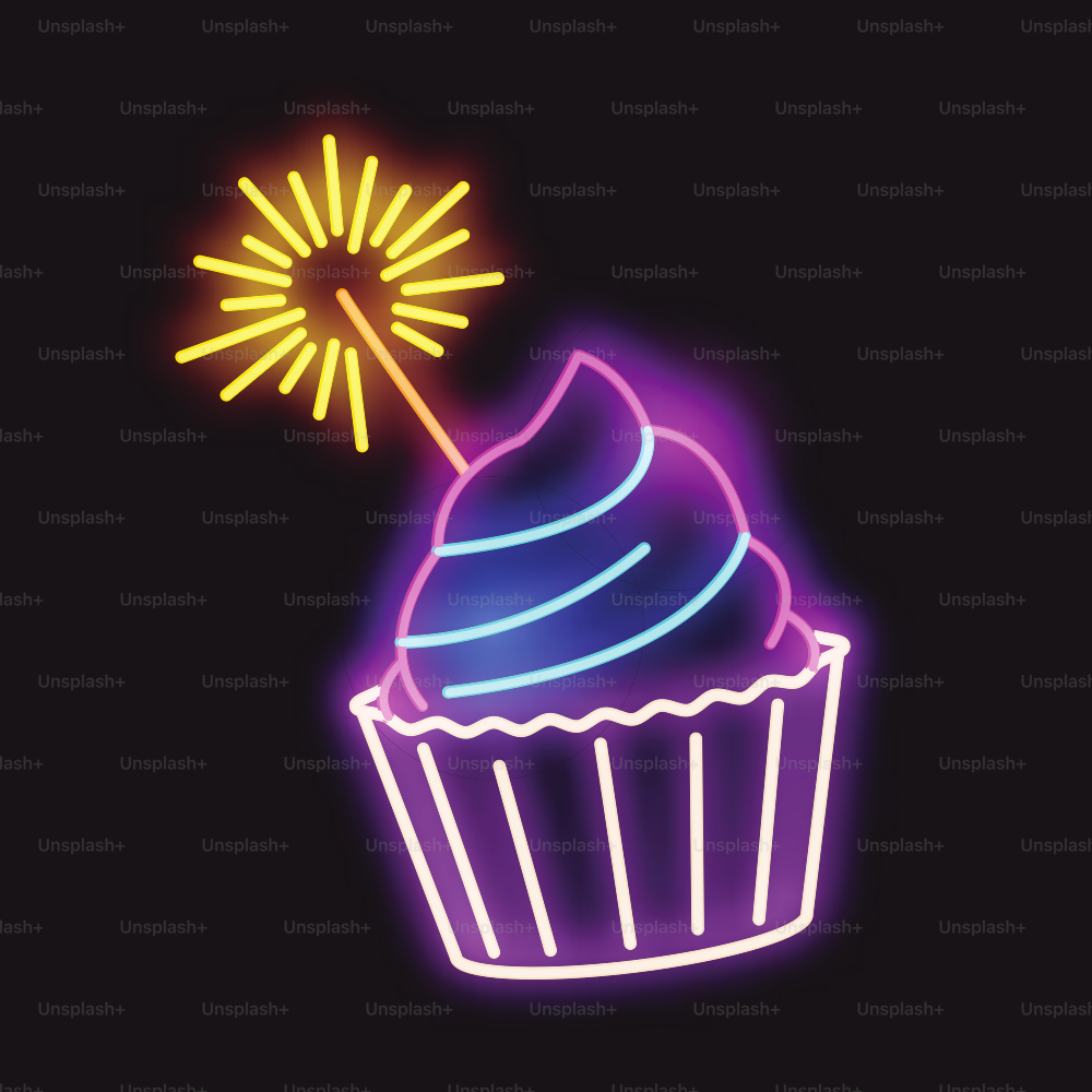A glowing neon light sign cupcake with a sparkler. Vector illustration.