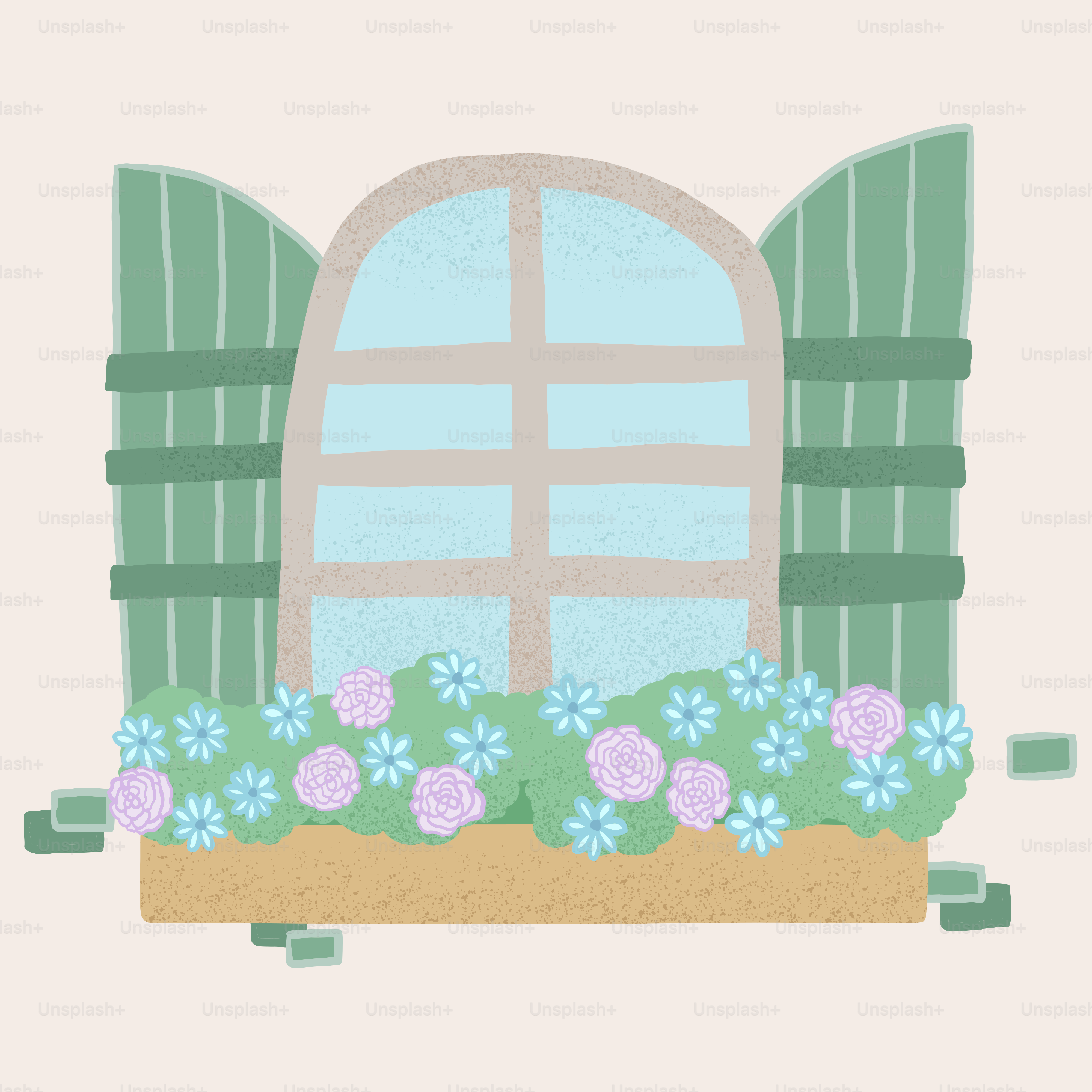 Window with flower box and green shutters