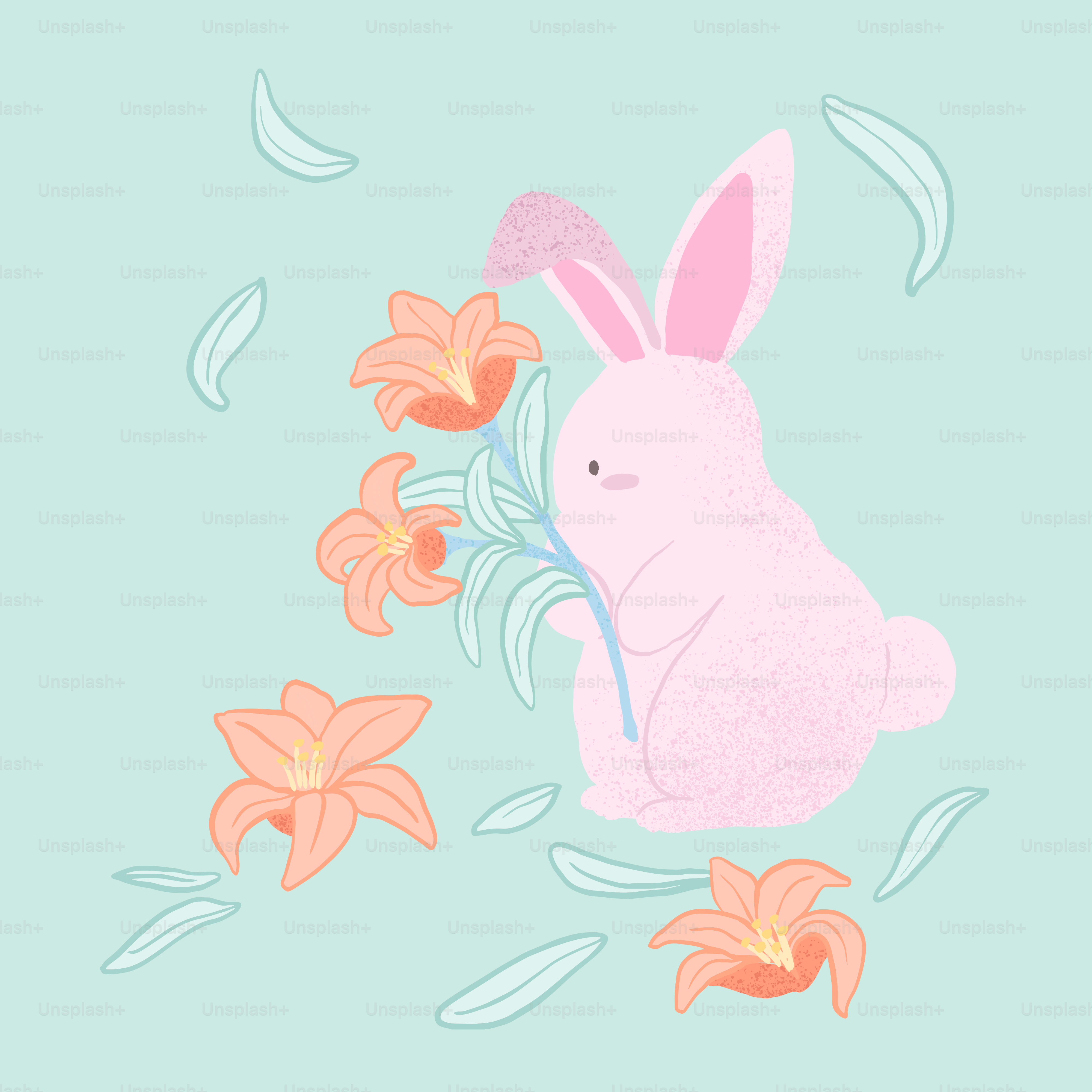 Un coniglio rosa che tiene gigli arancioni su uno sfondo blu