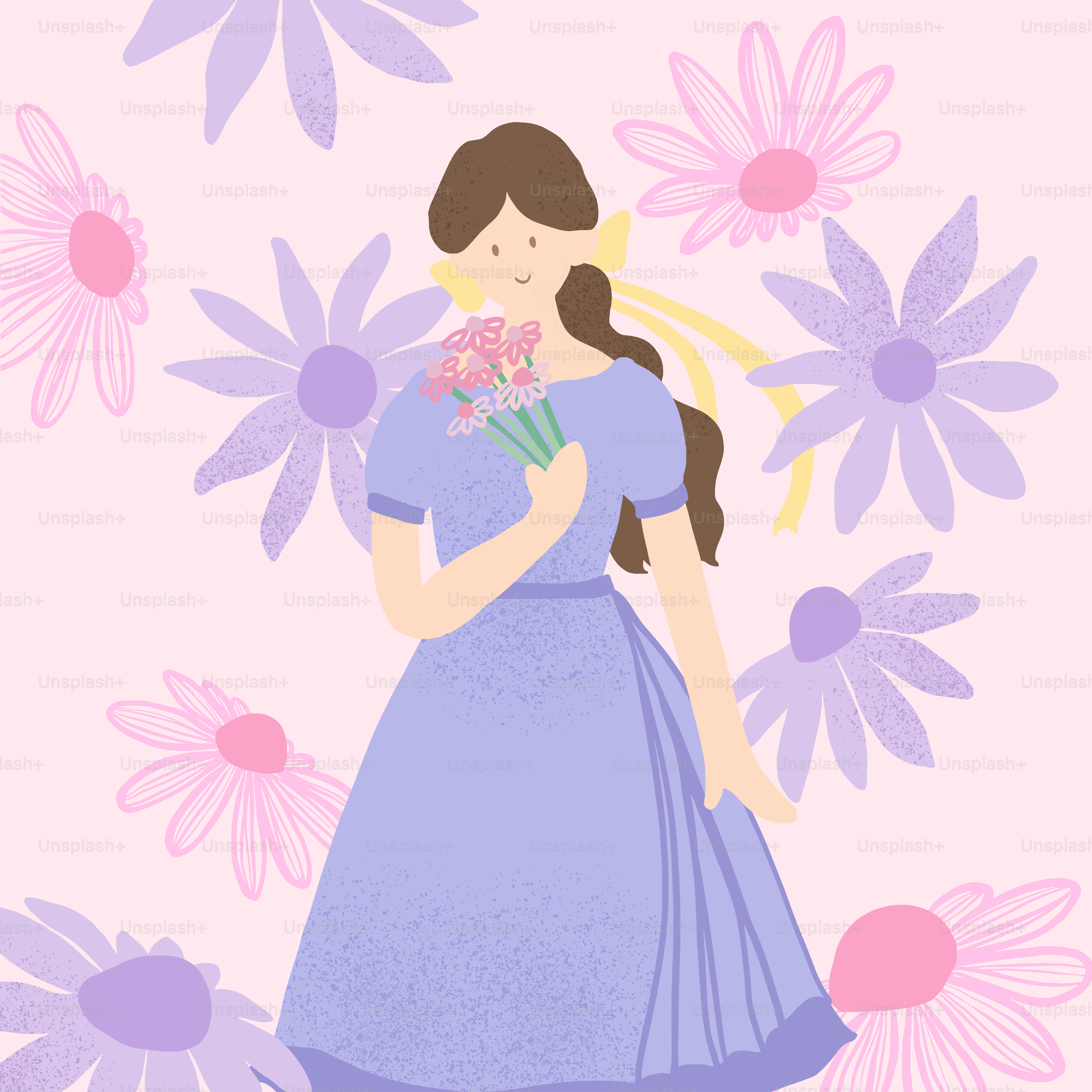 A woman in a purple dress holding flowers