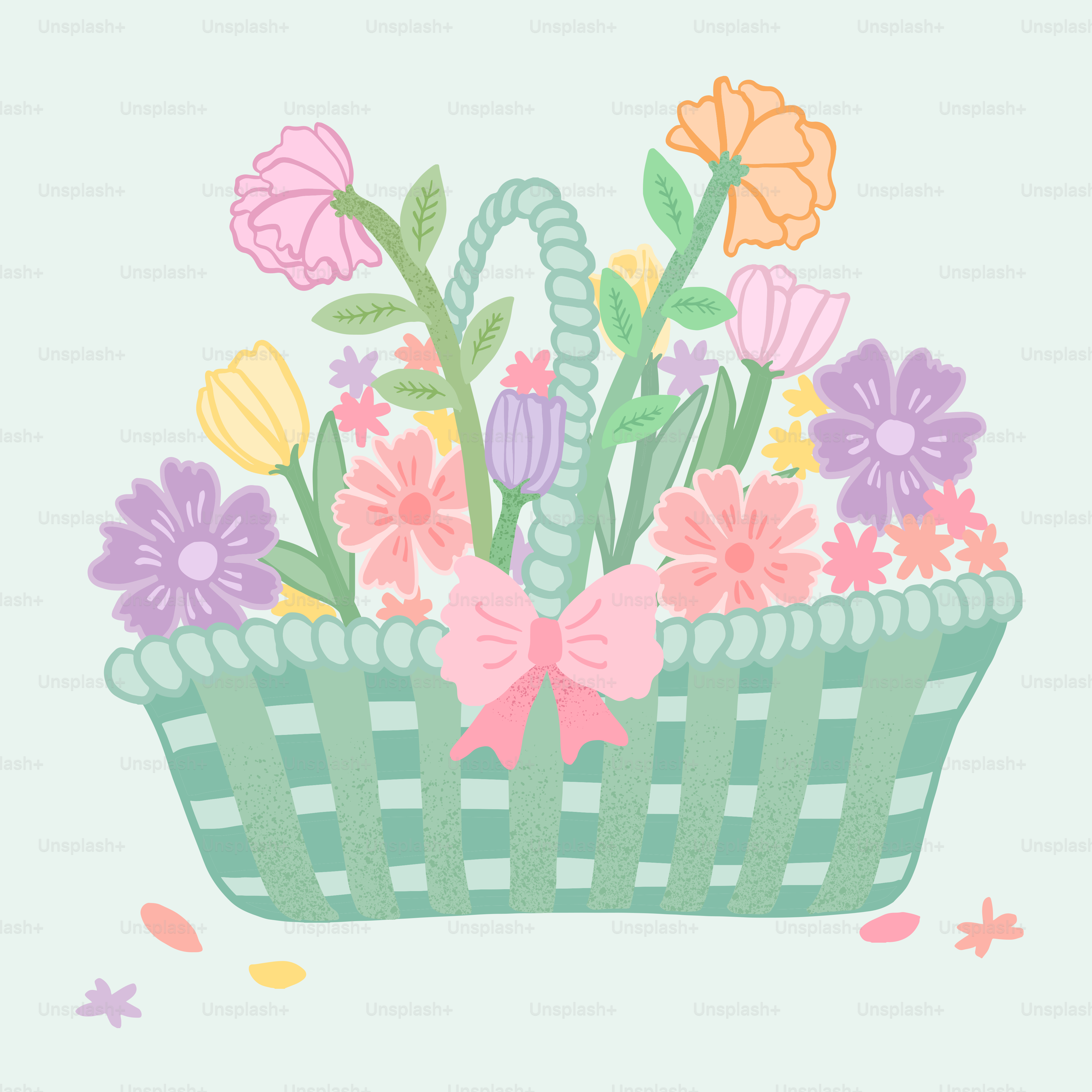 A pastel basket filled with colorful spring flowers
