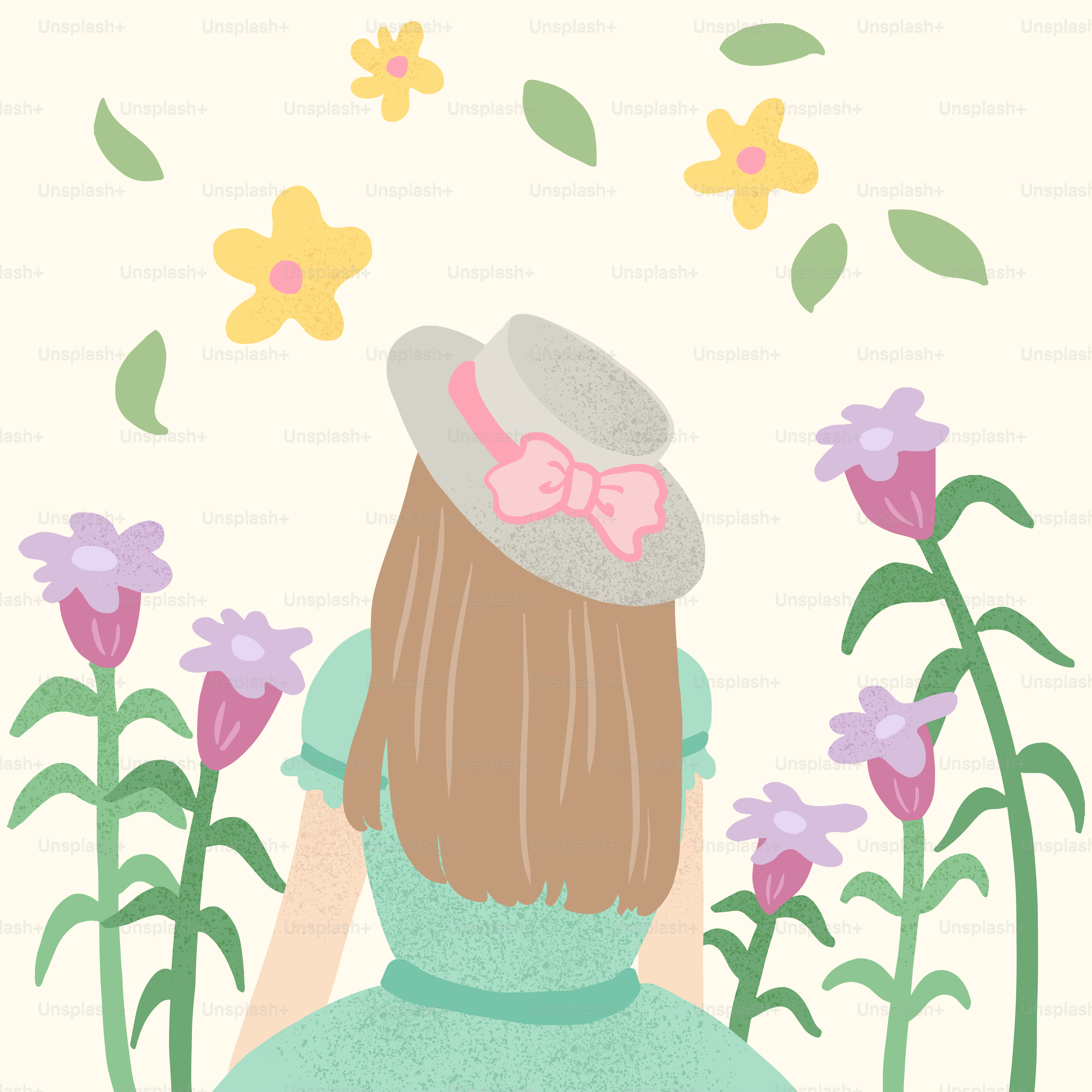 Woman in hat surrounded by flowers and leaves