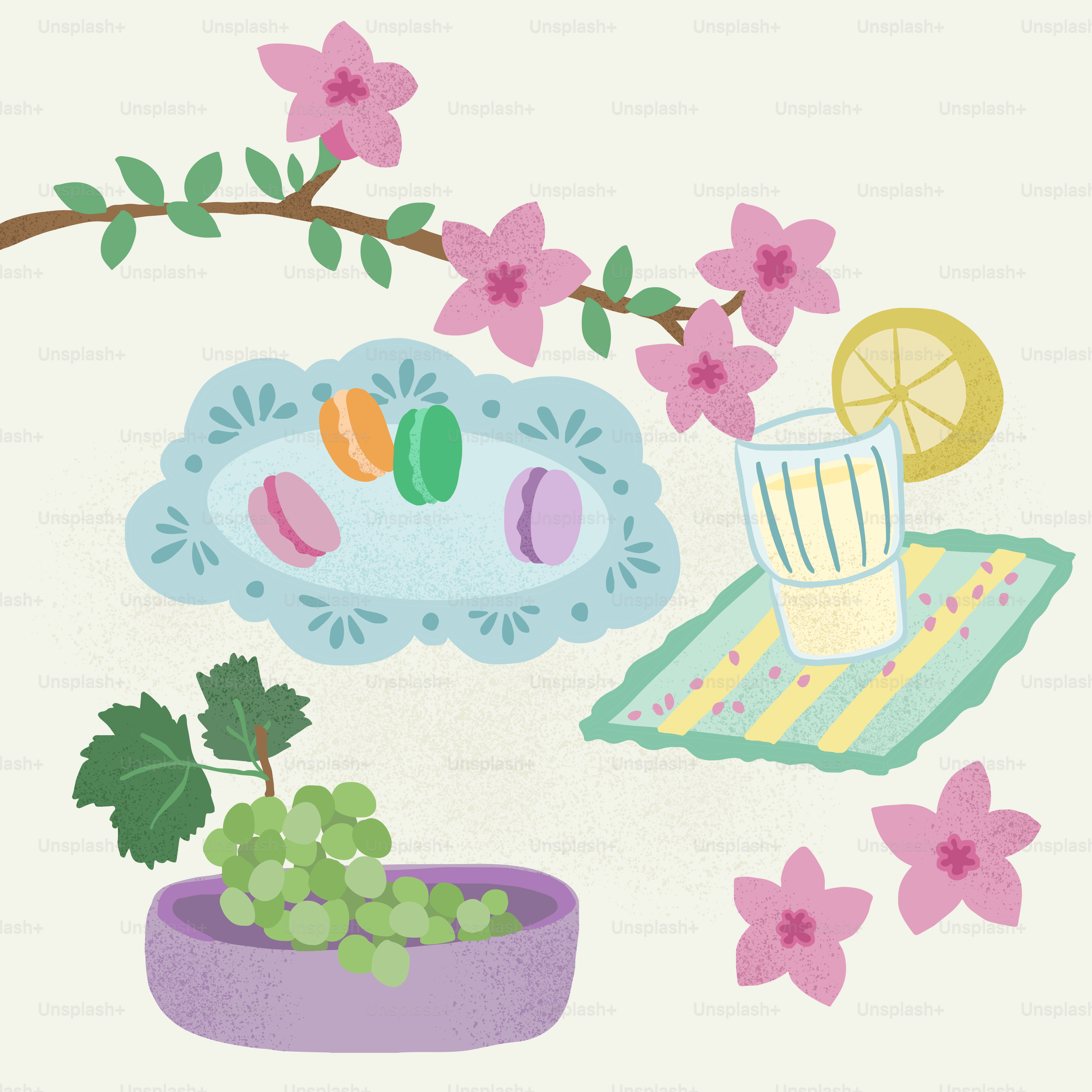 Une scène printanière légère avec des macarons, des raisins et de la limonade.