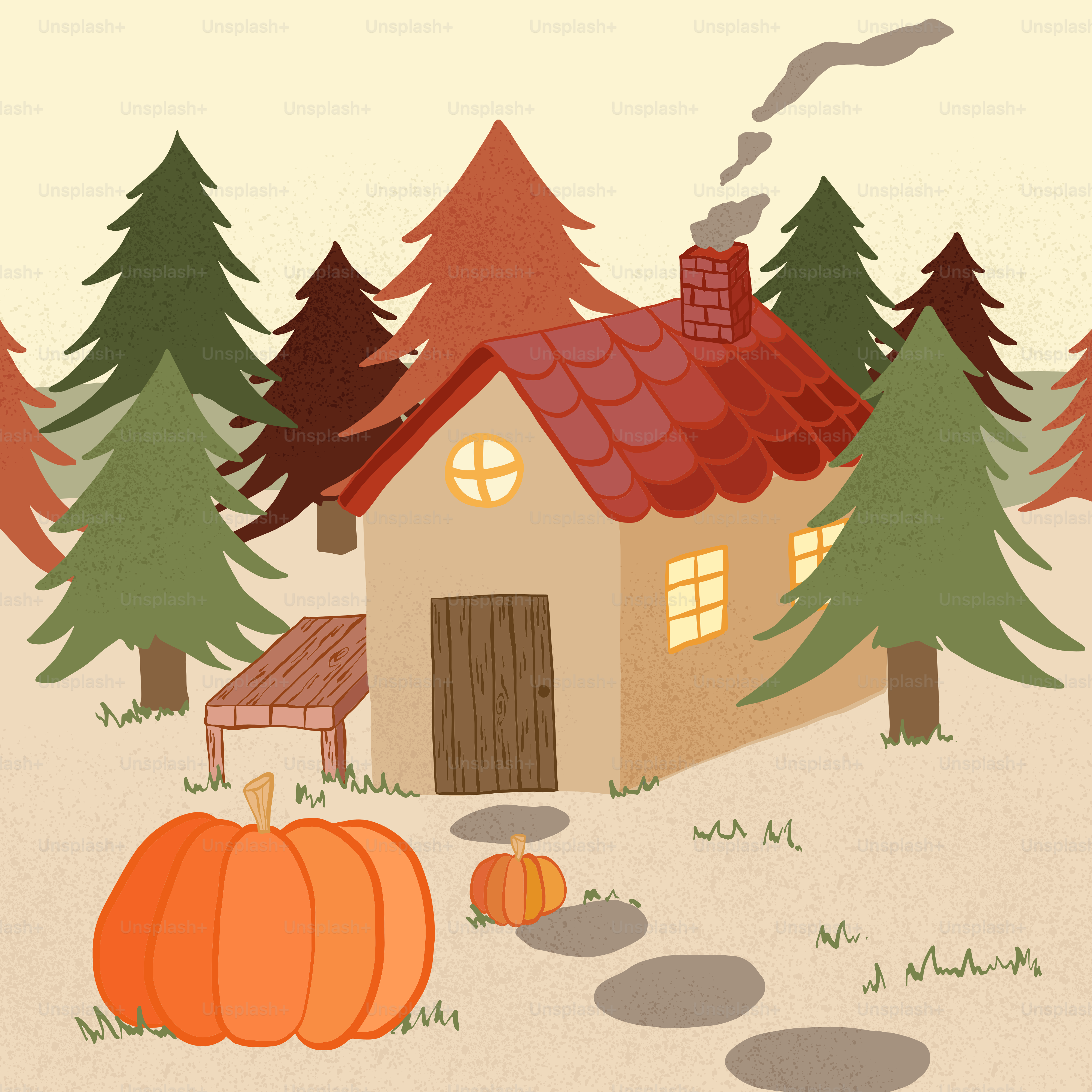 Cozy cabin in the woods with pumpkins