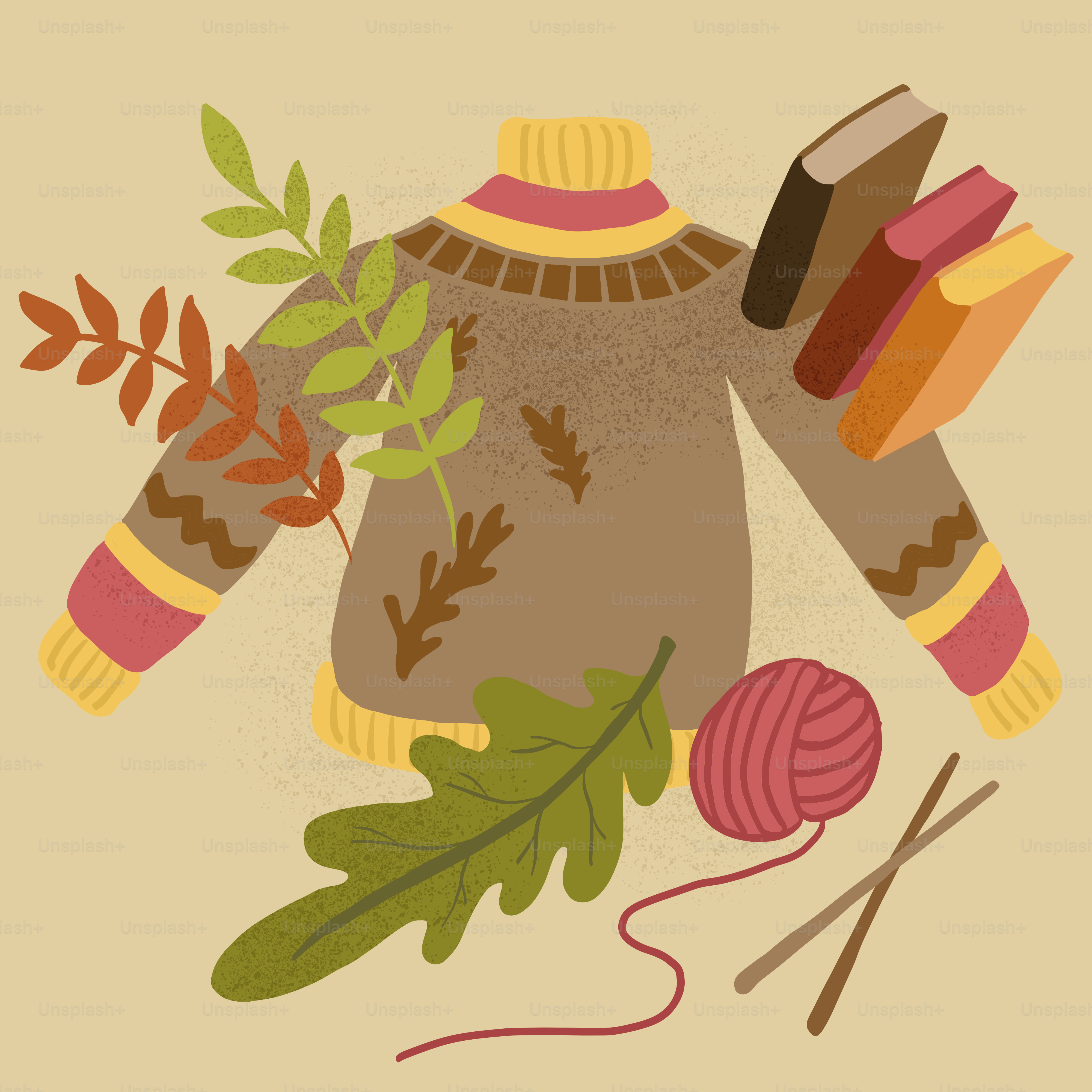An illustration of a sweater, knitting needles, and a ball of yarn