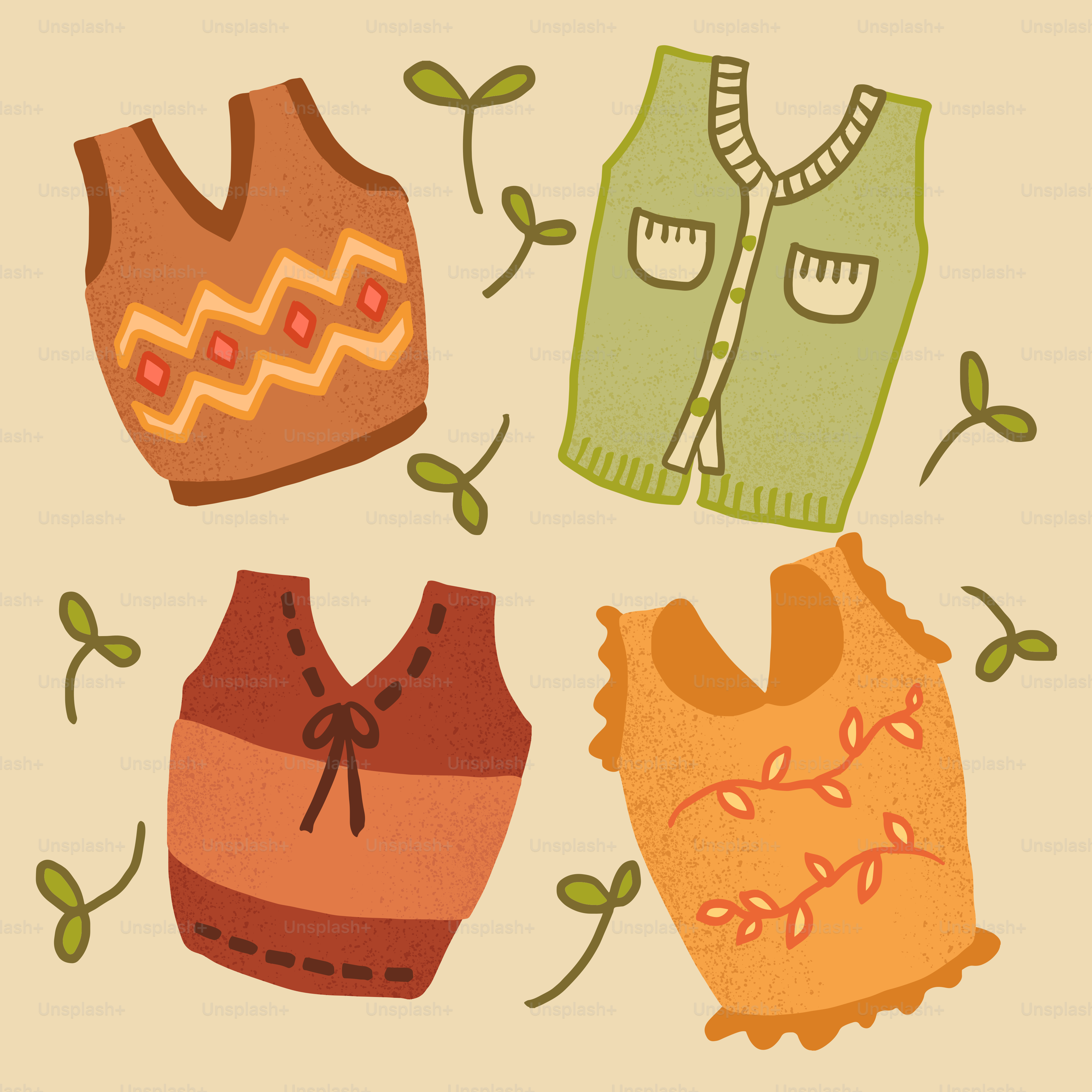 Four knitted vests with plant sprouts