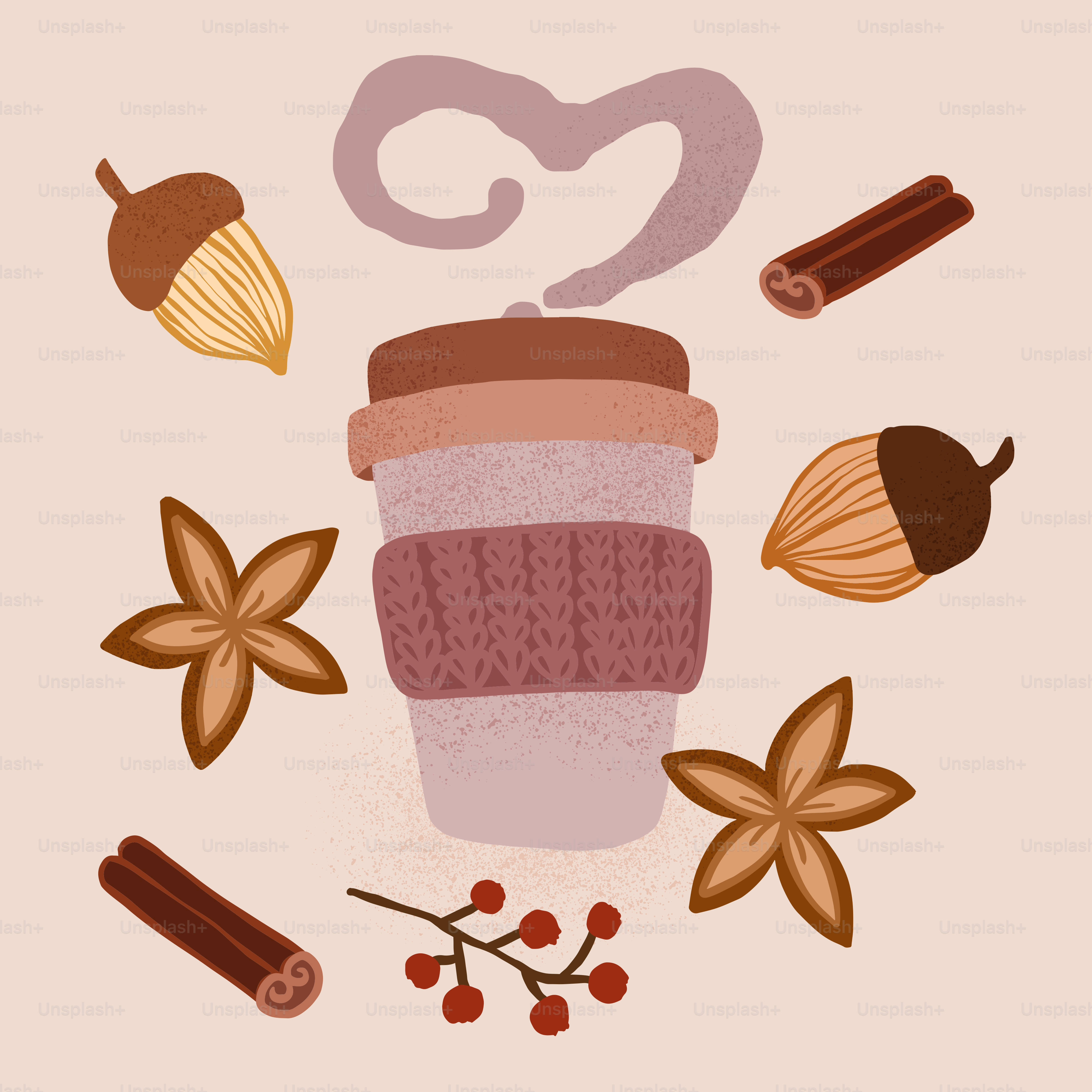 Hot drink with cinnamon, acorns, and star anise