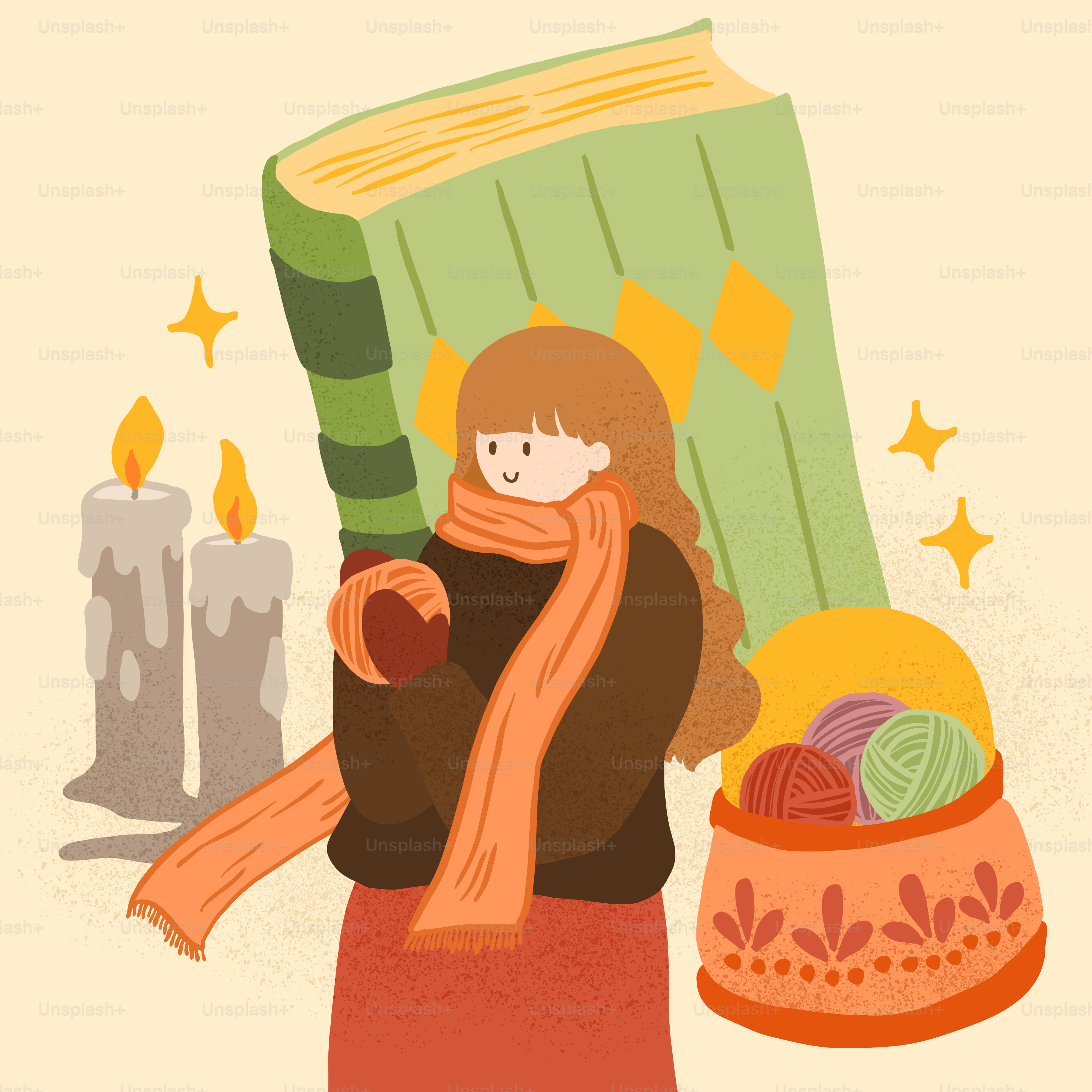 Chica con bufanda y libro cerca de velas y lana