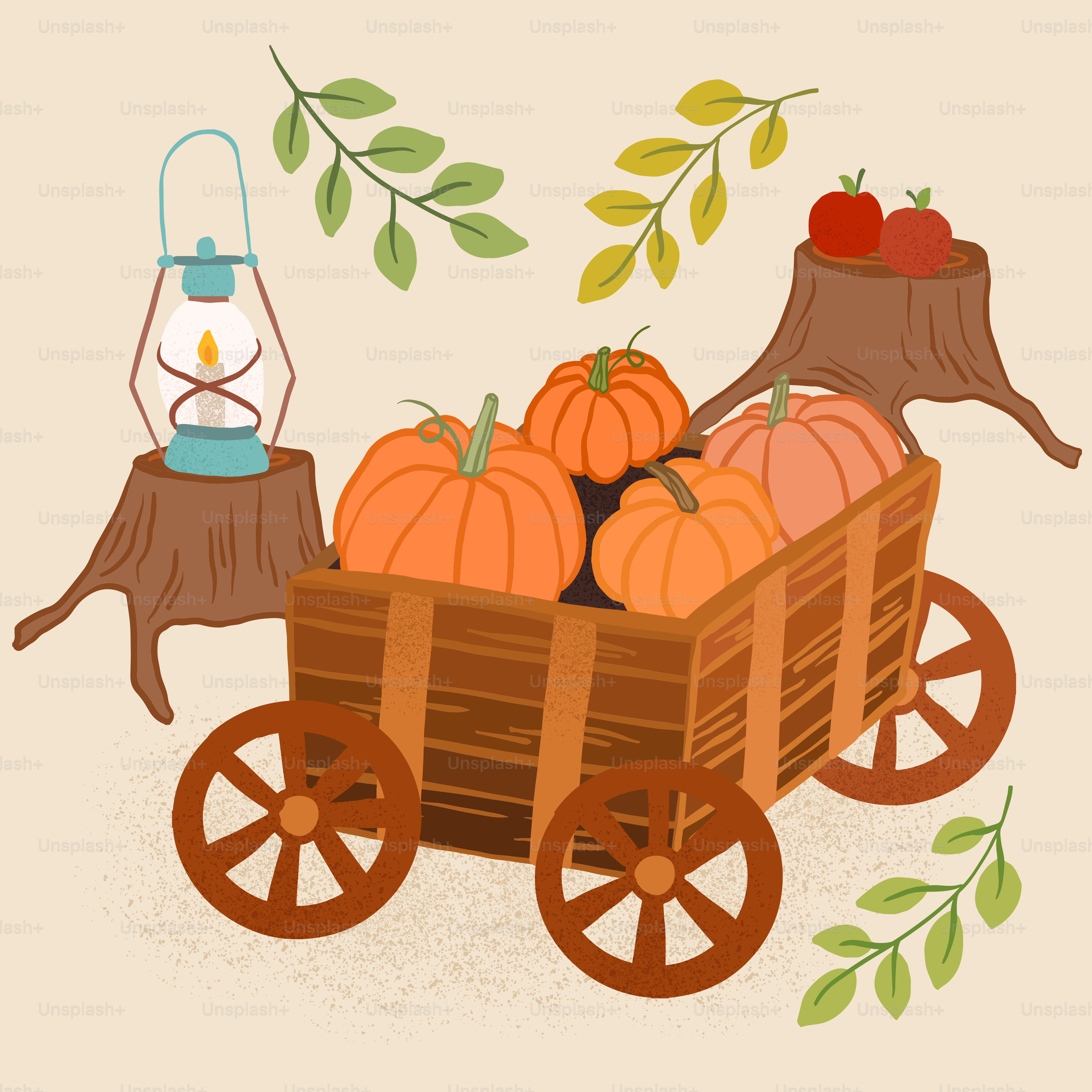 Wooden cart filled with pumpkins and autumn leaves.