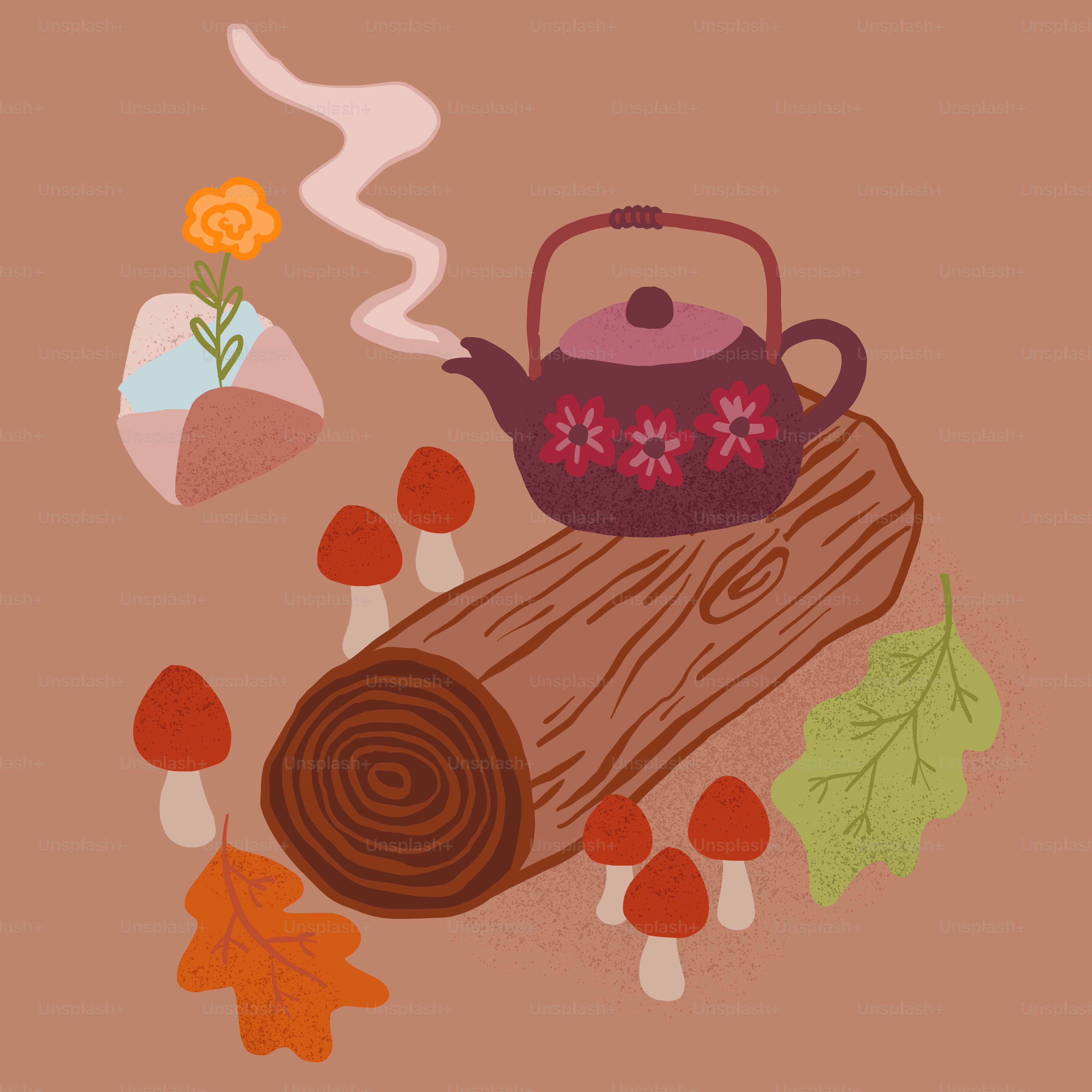 Teapot on log with mushrooms and autumn leaves