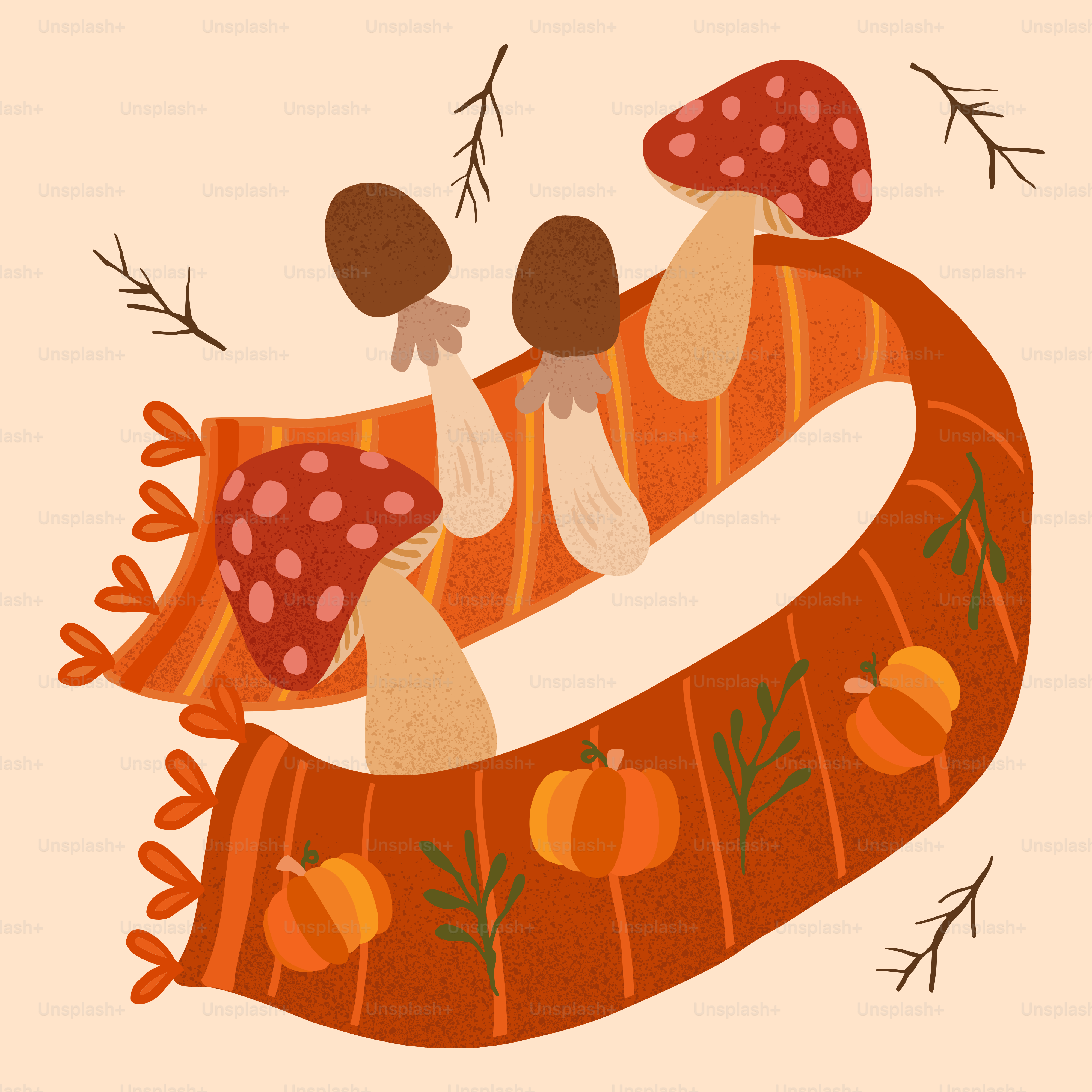 Mushrooms and pumpkins on a cozy autumn scarf