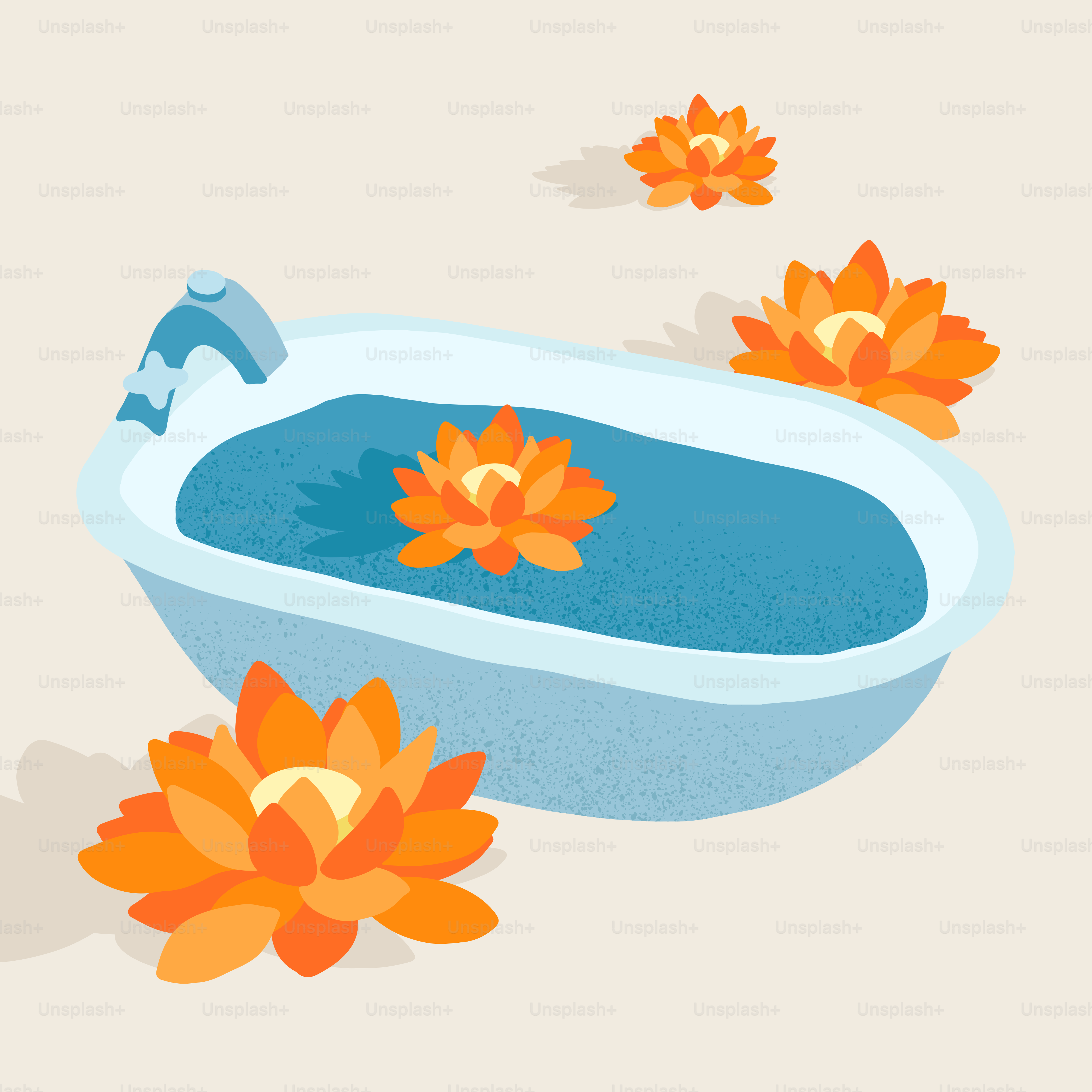 Bathtub with blue water and orange flowers