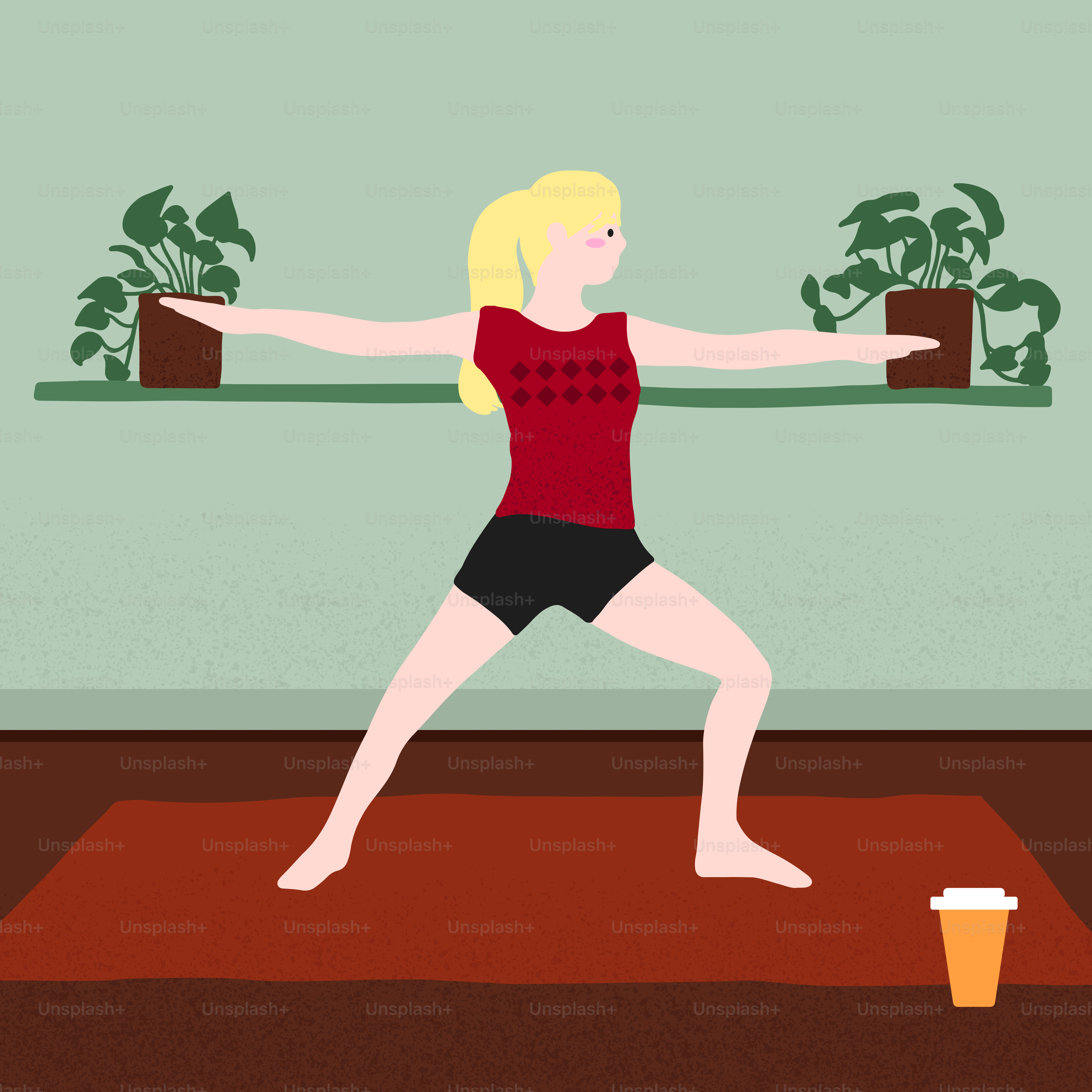 Woman practicing yoga warrior pose on mat