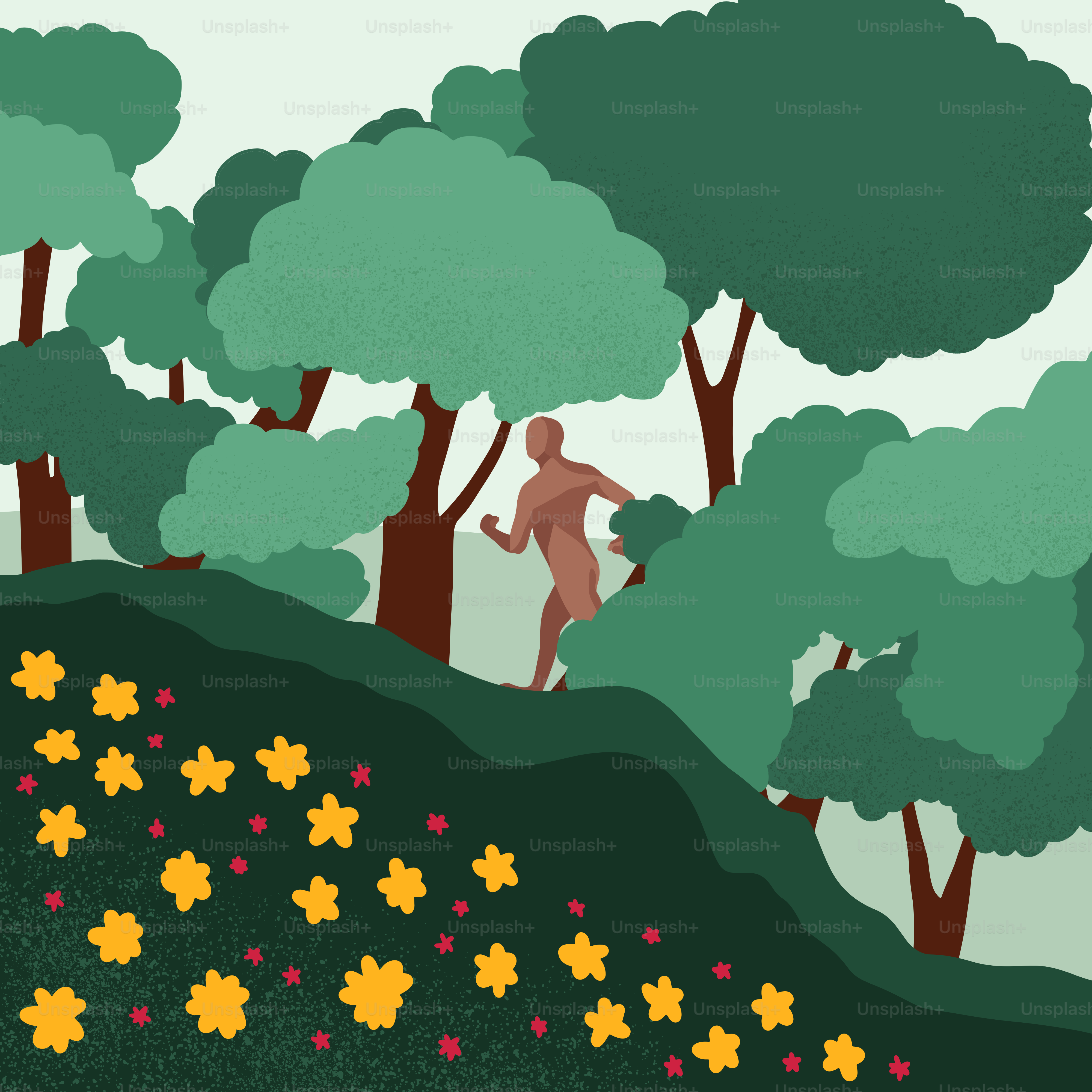 A person runs through a lush green forest.