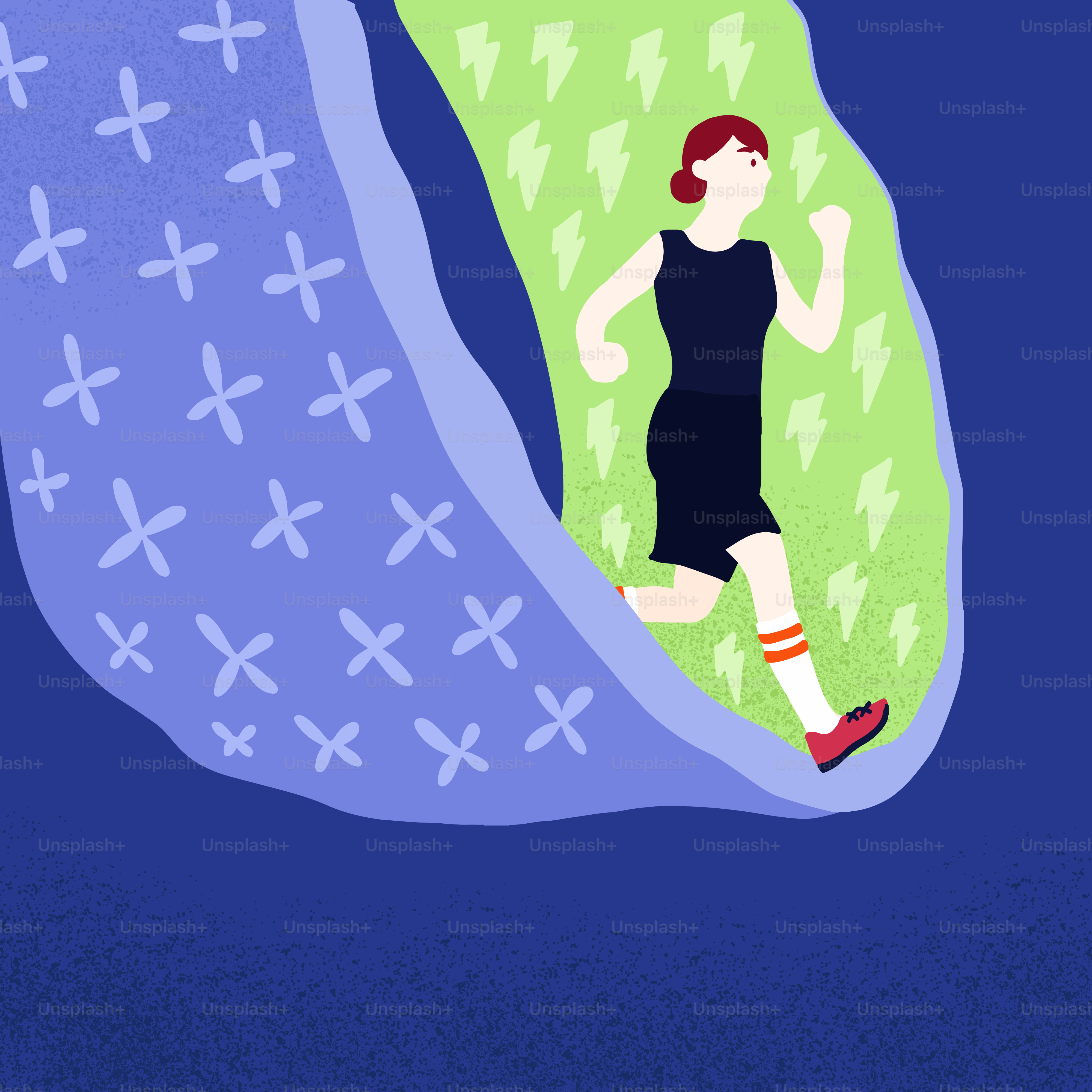 Woman running through abstract colorful paths