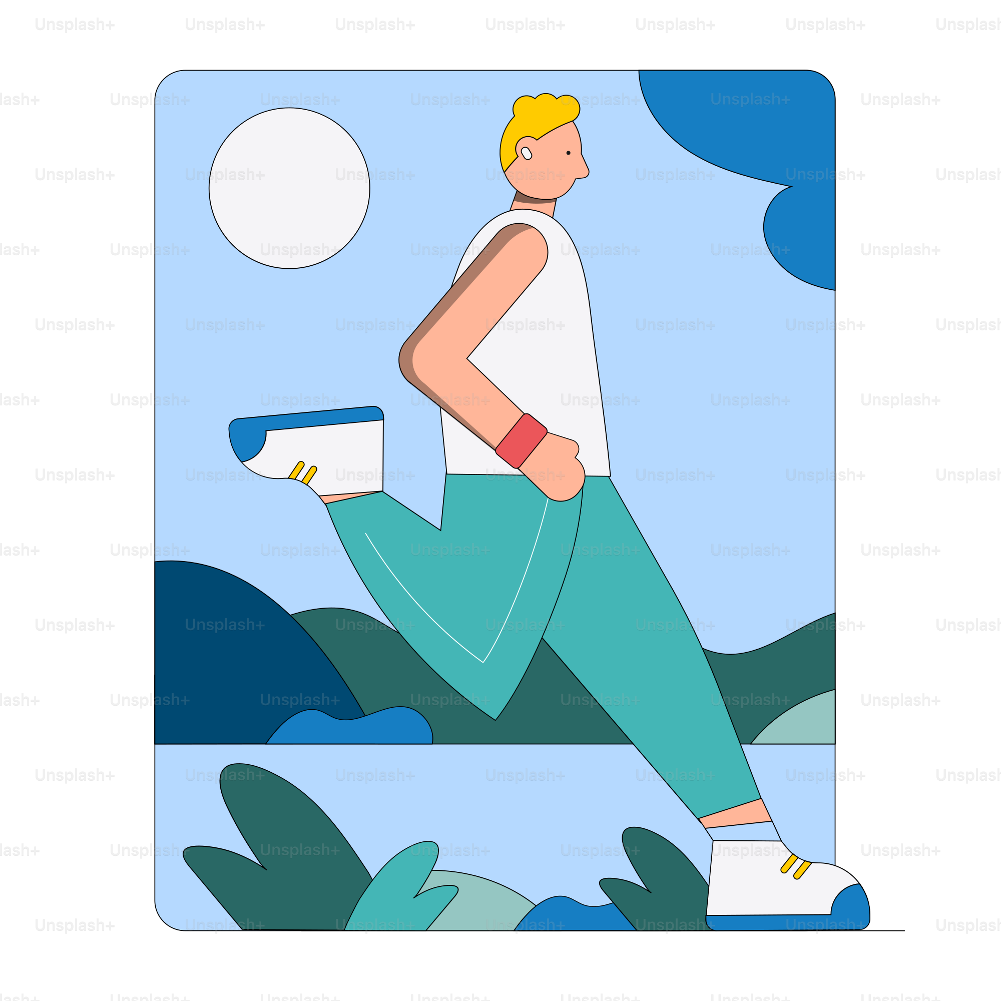 Man running outdoors with a stylized landscape background