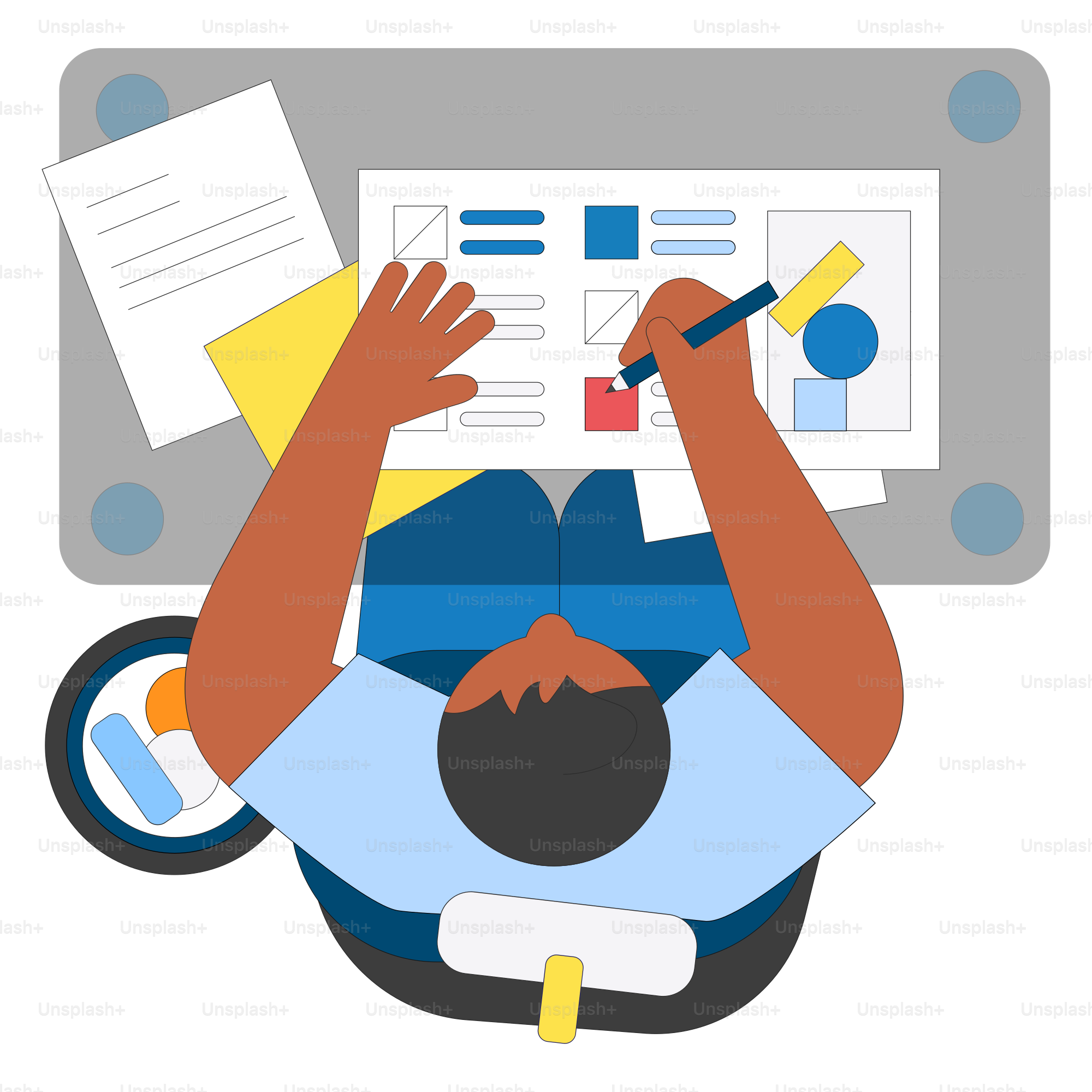 Person working at a desk with papers and a tablet.