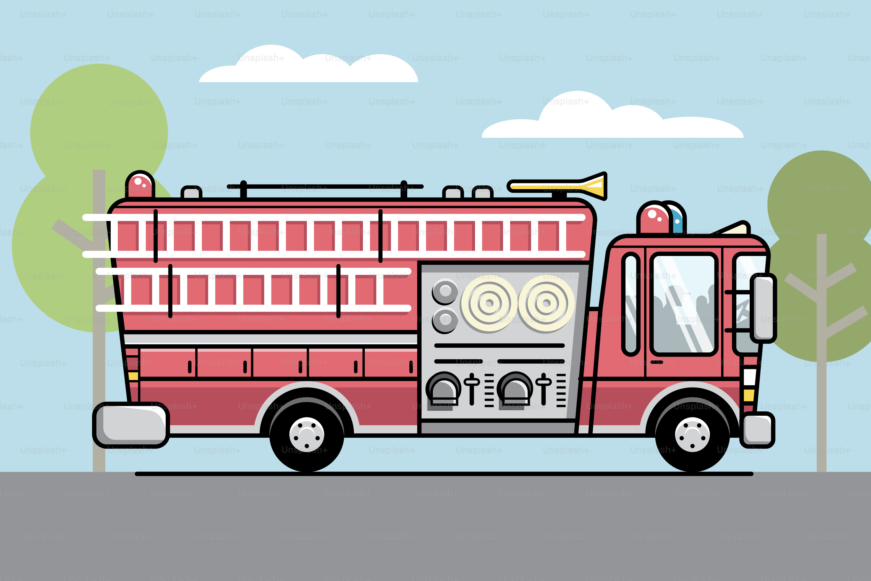 A red fire truck with a ladder parked outside.