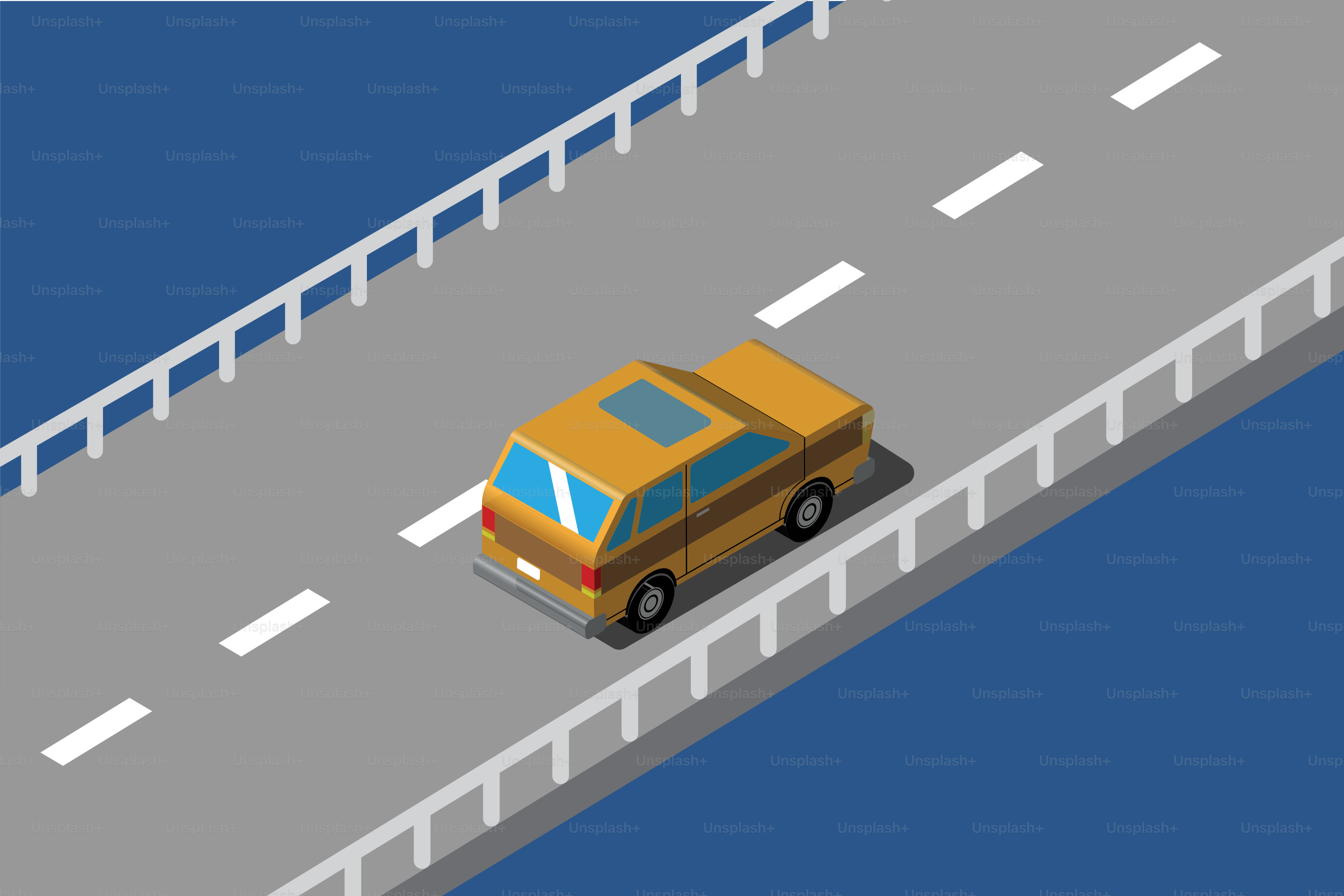 Une voiture jaune traverse un pont.