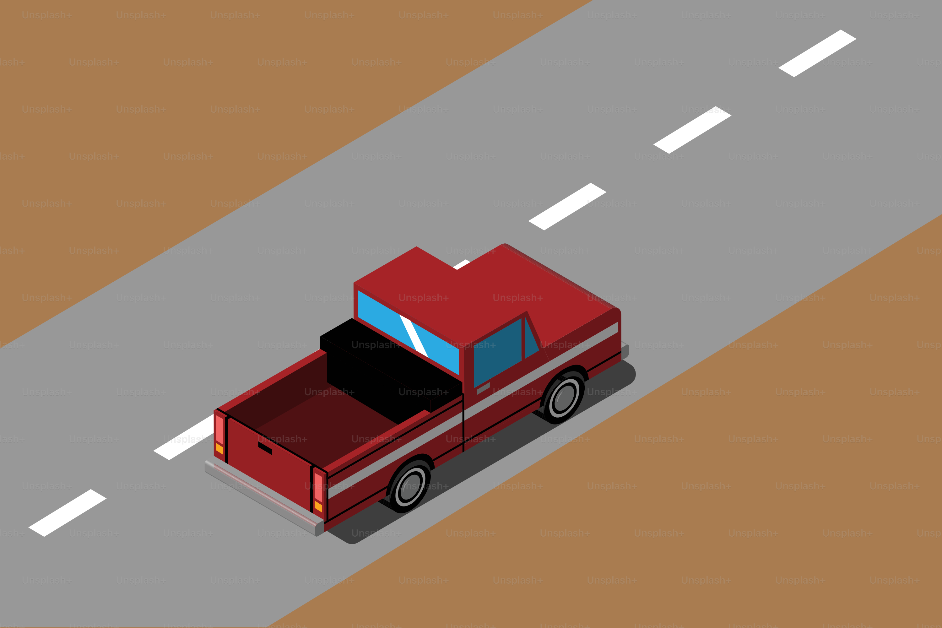 Red pickup truck driving on a road