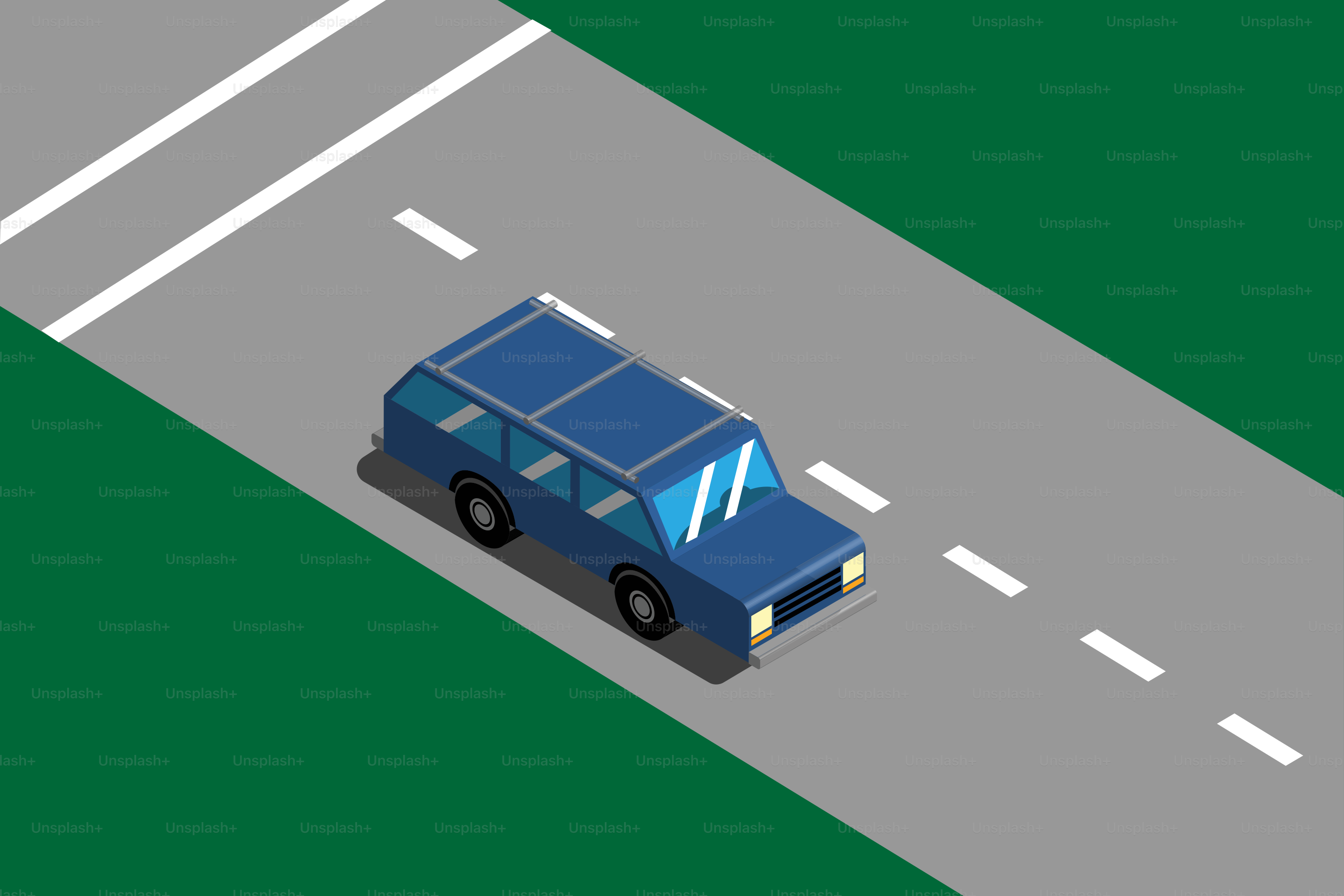 Une voiture bleue roule sur une route grise.