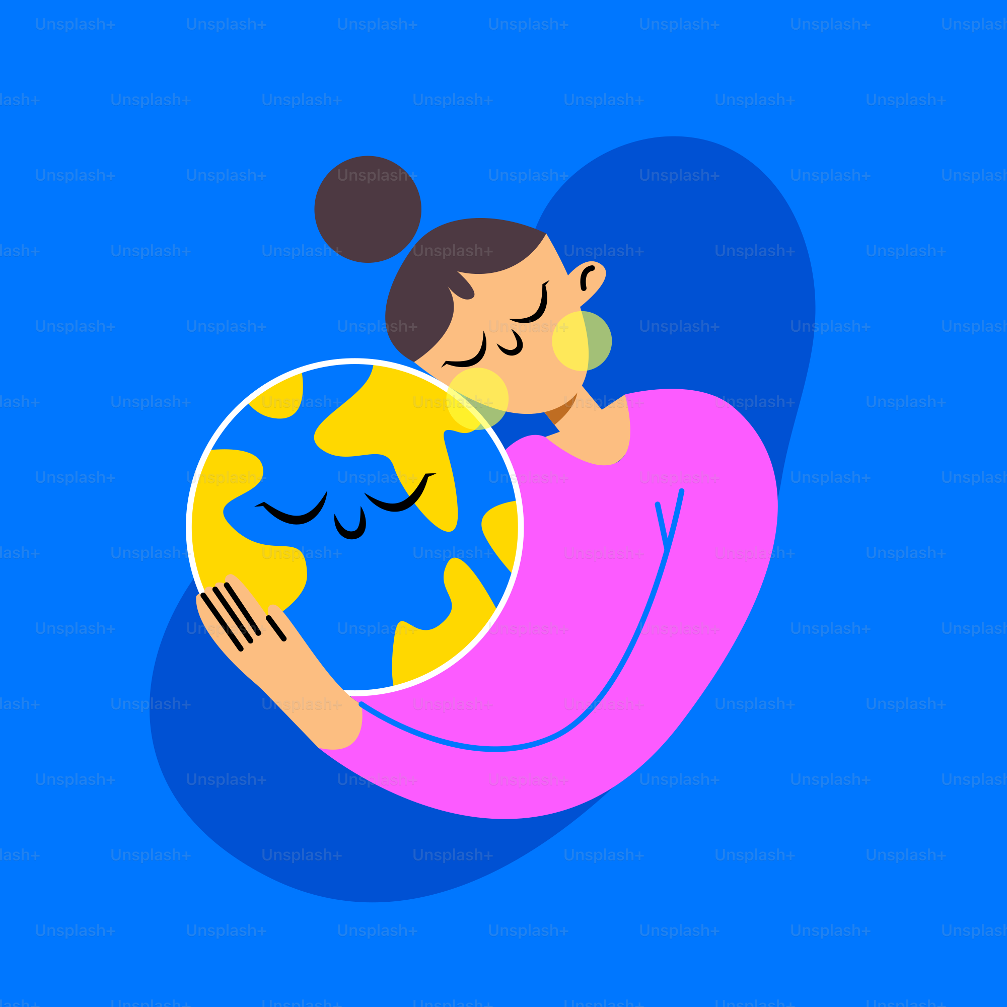 Woman hugging a smiling cartoon earth