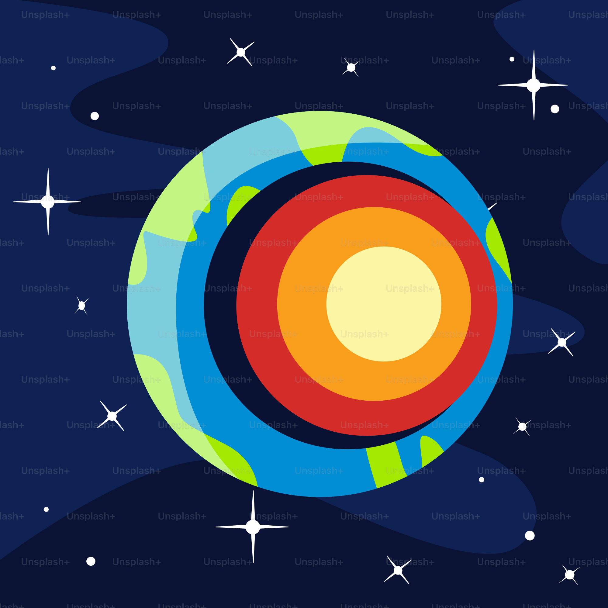 地球の断面図で、核、マントル、地殻が示されています。