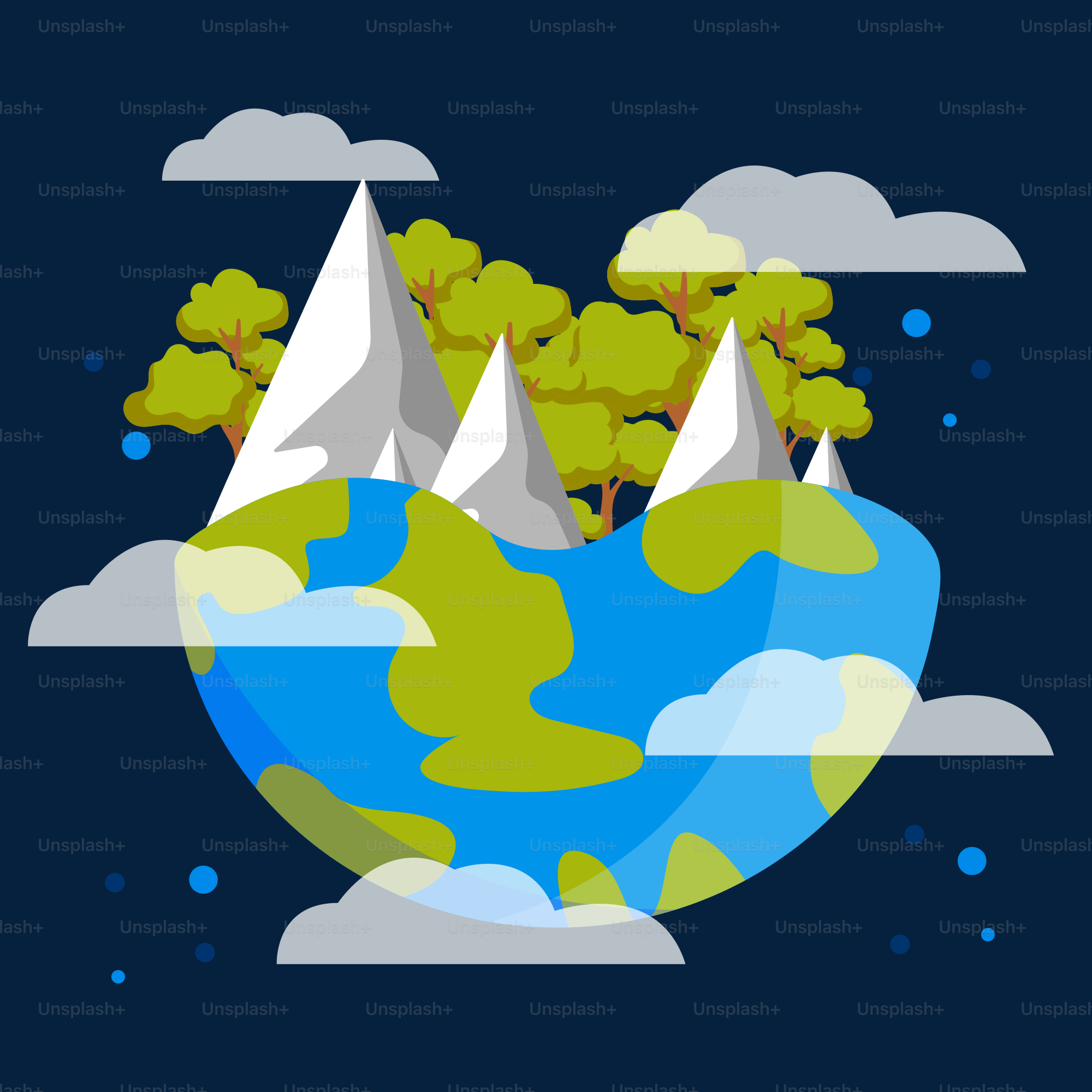 Stylized globe with mountains, trees, and clouds