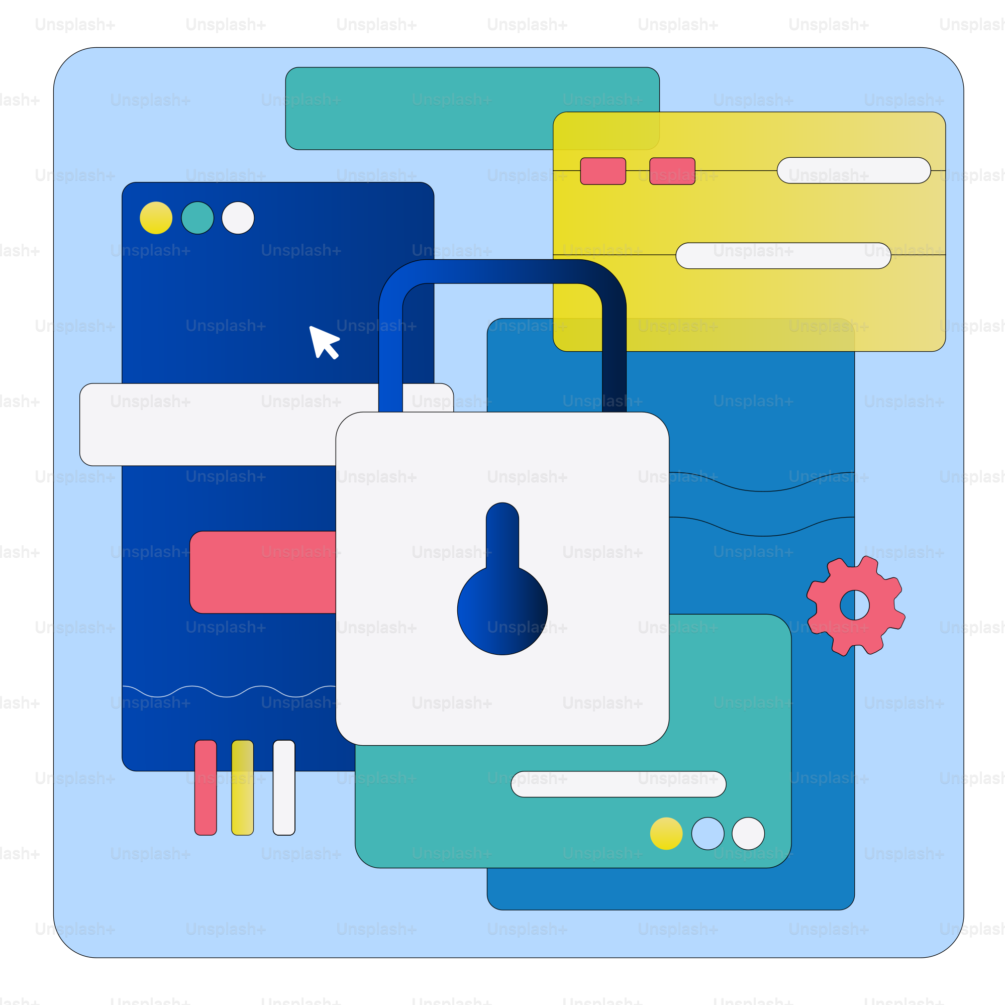 Abstract digital security concept with padlock and interfaces.