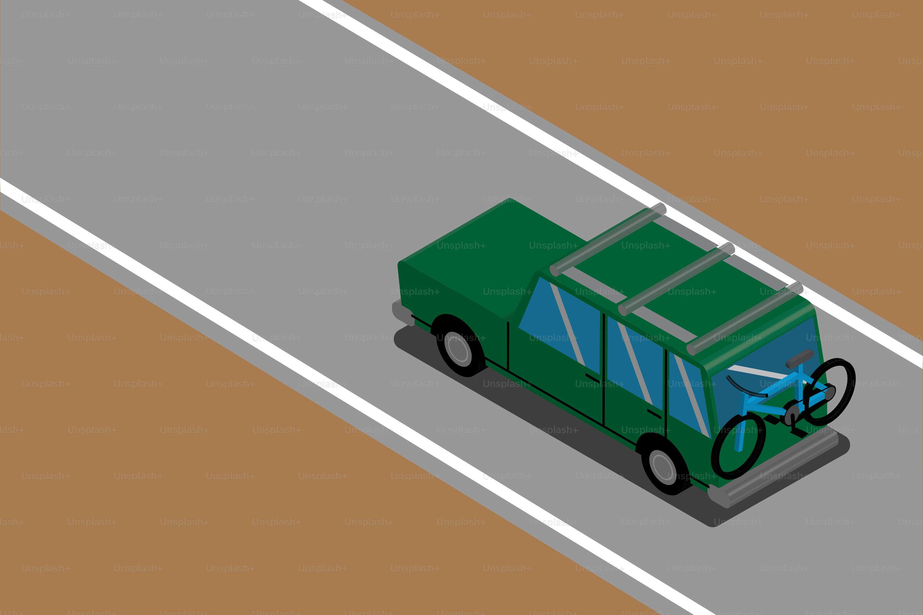 Grünes Auto mit Fahrrad am Träger fährt auf der Straße