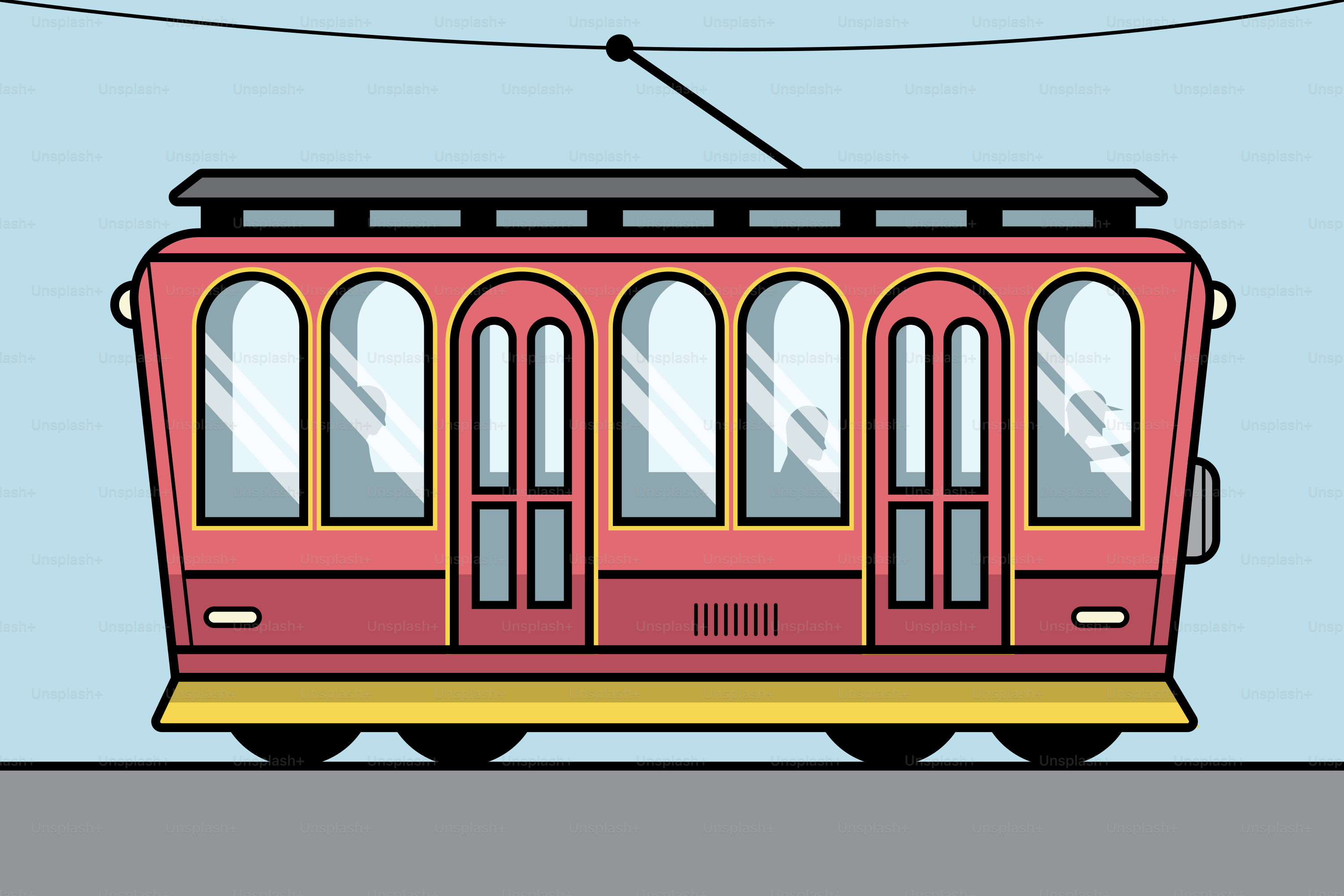 A red trolley car on a street.