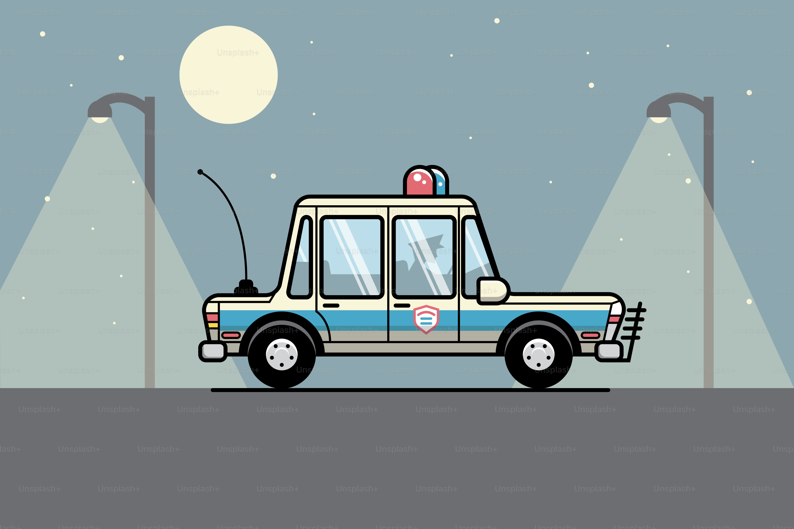 A cartoon police car parked on a street at night.