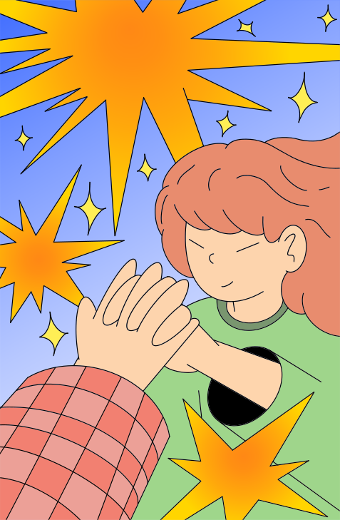 Two people high-fiving with stars and sunbursts